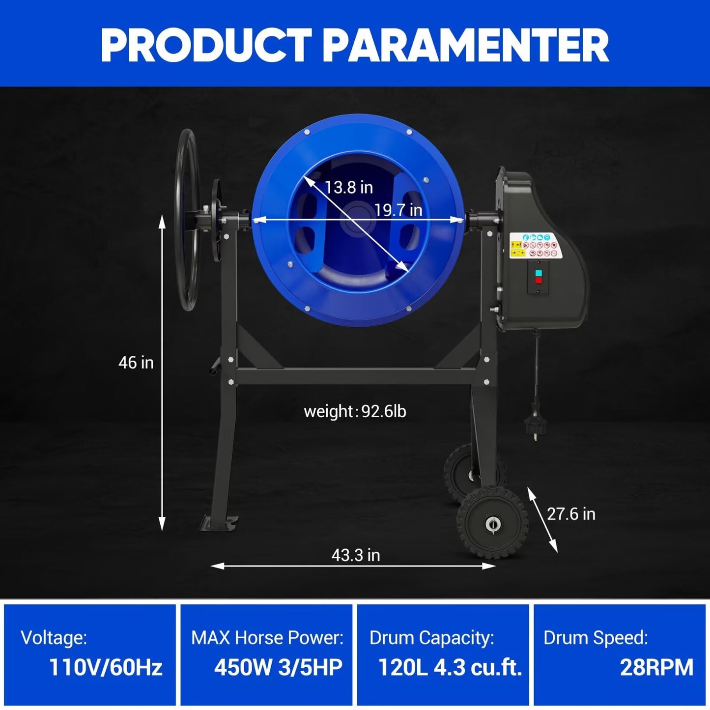 4.3 Cu.Ft Cement Mixer, 450W 3/5HP Electric Cement Mixer Machine, Heavy Duty Potable Concrete Mixer Machine with Wheel and Stand for Stucco, Mortar, Seeds, Blue