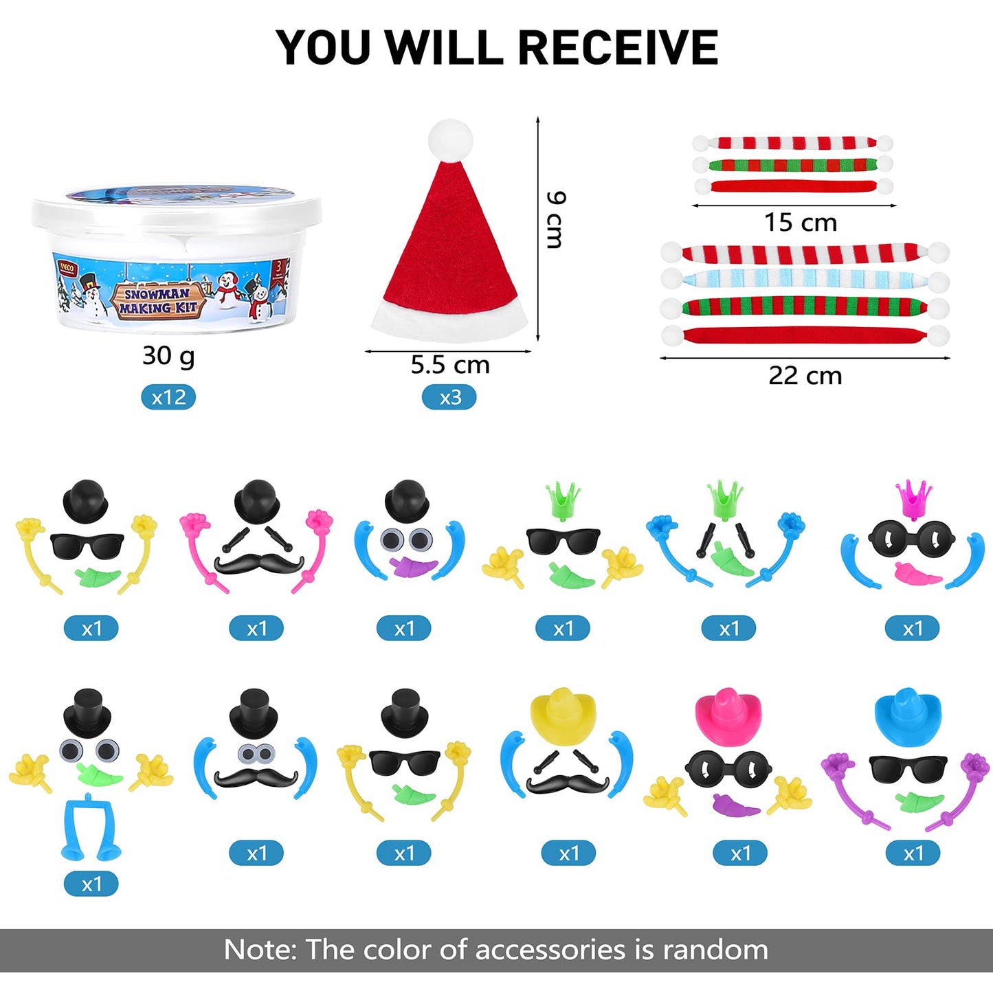 Aneco 12 Pack Christmas Build Snowman Modeling Clay Christmas DIY Craft Kit Air Dry Snowman Decorating Kit Winter Snowman Gift Toys for Christmas Holiday Decorations