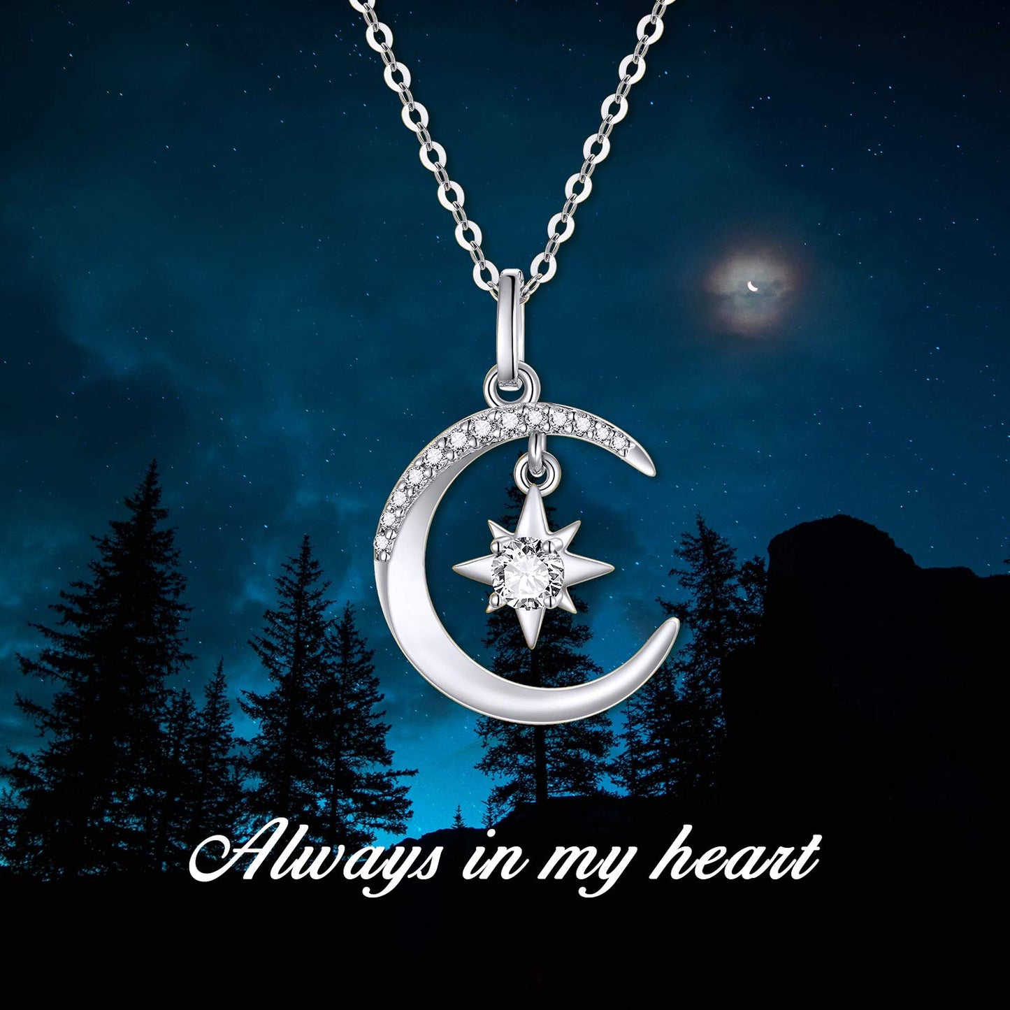 14K White Gold North Star Moon Necklace and Stud Earrings Set for Women