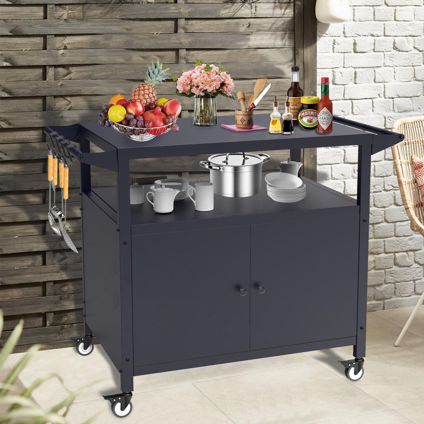 SEUNSHANY Outdoor Grill Table with Storage, Movable Grill Cart, Outdoor Kitchen Island Prep Stand Station,Blackstone Griddle Stand, BBQ Serving Cart Rolling Bar Cart with 4 Utensil Hooks 1