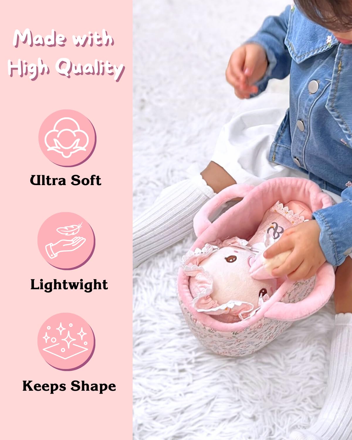 LeyaDoll Soft Baby Doll Set for Toddlers - Personalized Plush Doll Toys with Bassinet, Blanket and Bottle, First Baby Doll Accessories (9'') for Girls Pretend Play and Sleeping Cuddle - Cherry Baby