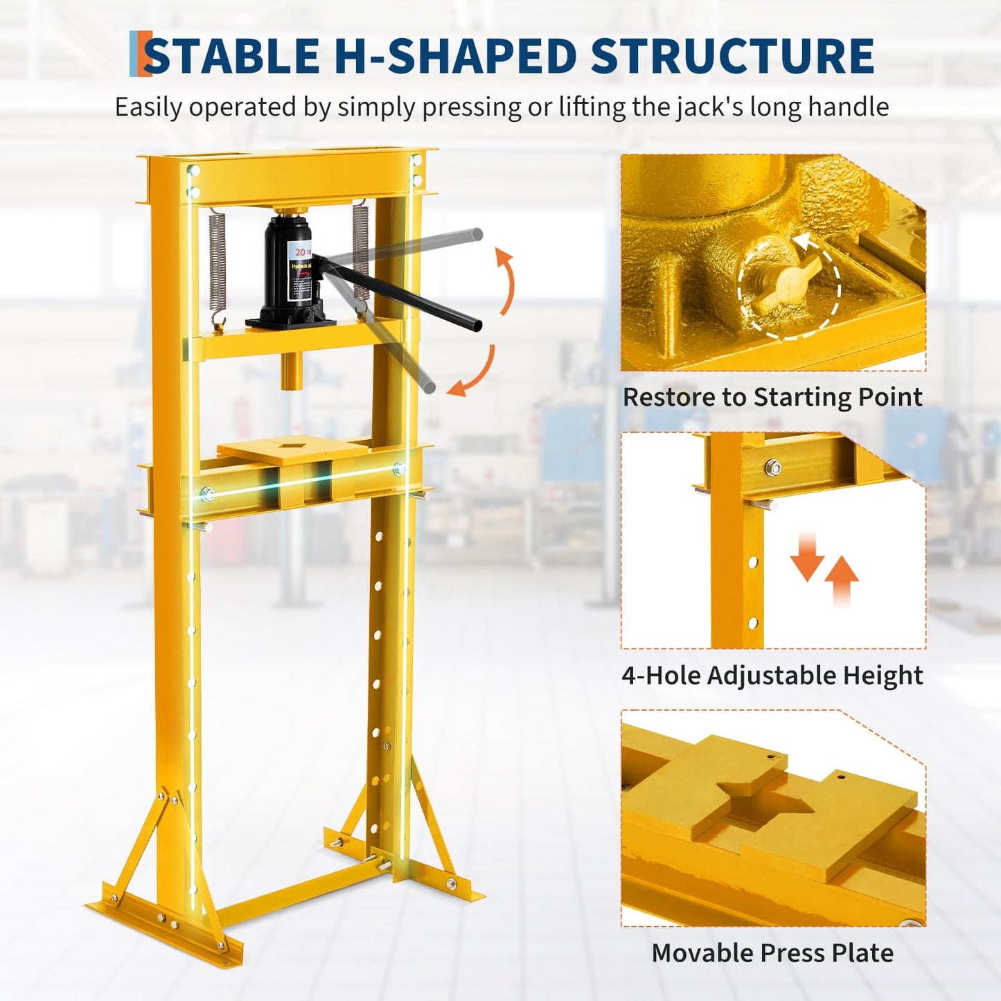 20 Ton Hydraulic Shop Press, Heavy Duty H-Frame Floor Bearing Press with Steel Plates & Adjustable Bed, for Garage Bending, Bearing, U-Joint, Metalworking (Yellow)
