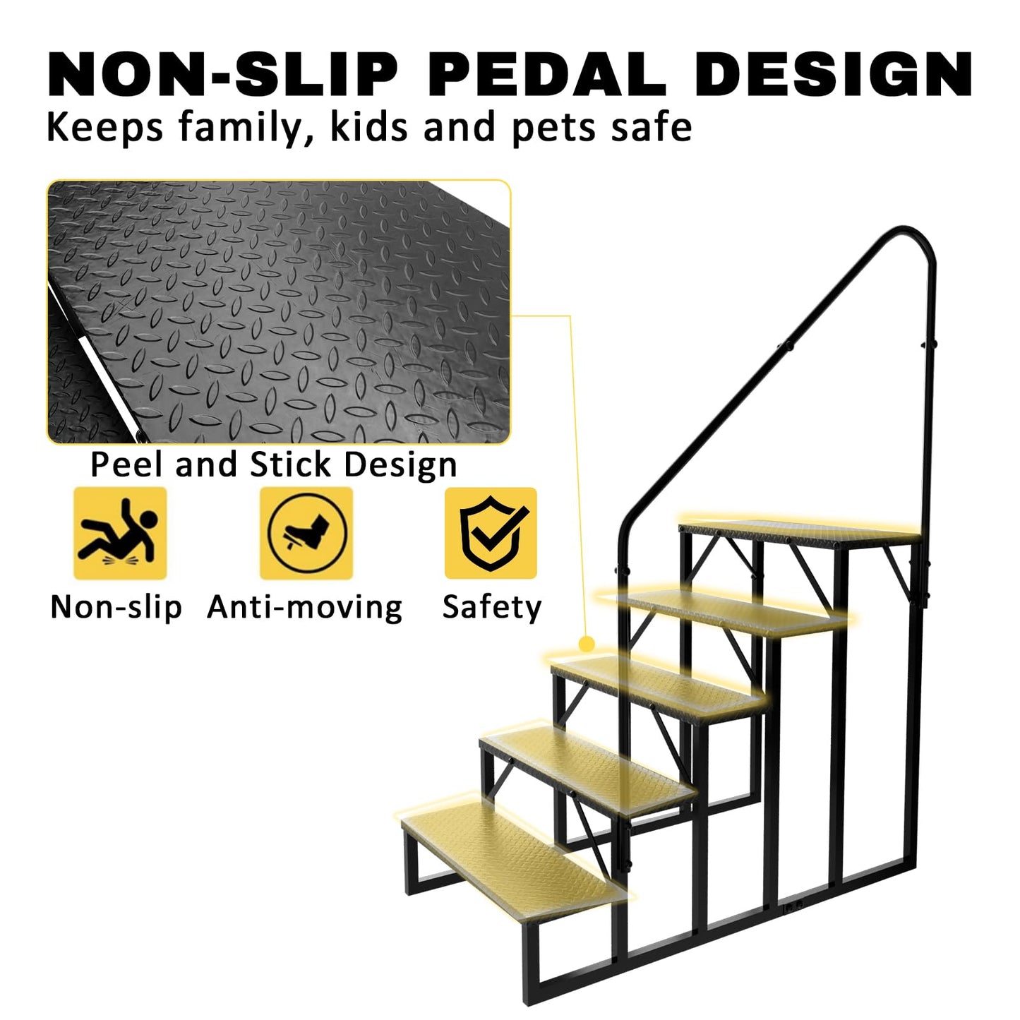 RV Steps with Handrail, Hot Tub Steps Outdoor, 5 Step Ladder Stool, RV Stairs with Anti-Slip Panel, Camper Steps for Spa, Travel Trailers, Pool and Porch