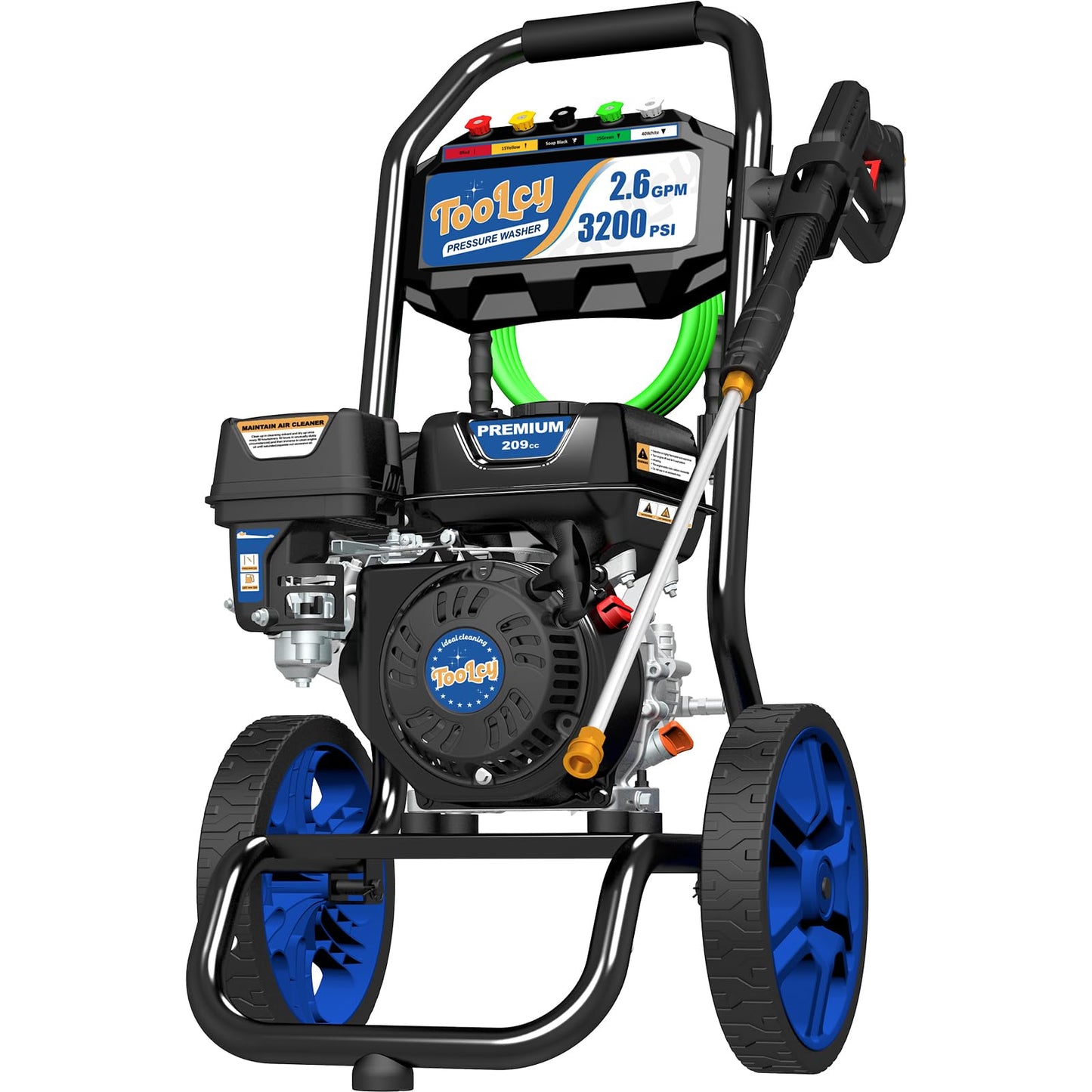 TOOLCY 3200 PSI Gas Pressure Washer, 2.6 GPM Gas Powered Power Washer Reinforced Pump & 209cc OHV Engine, 35FT Pressure Hose, Quick Connect Swivel Pressure Gun, 5 Nozzles for Homes (No Soap Tank)