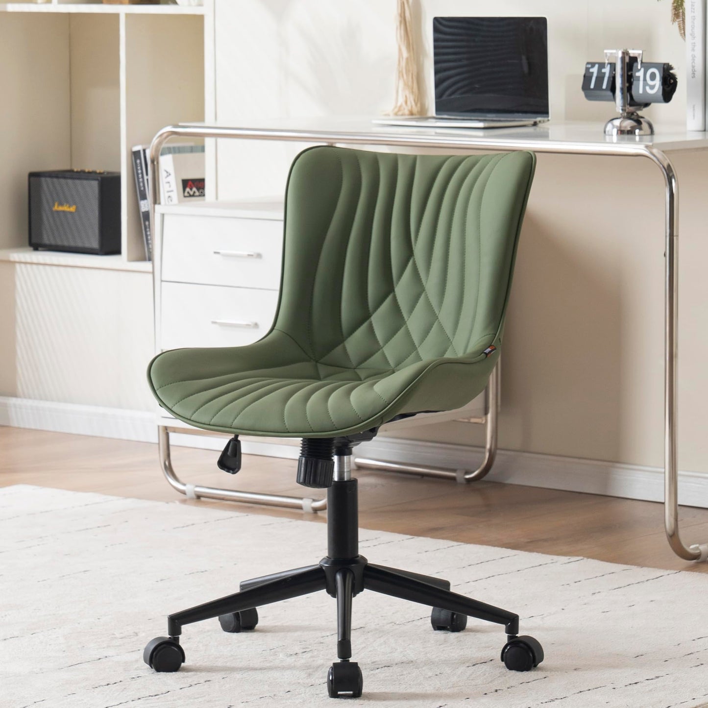 YOUNIKE Office Chair, Armless Desk Chair Computer Chair with Wheels, Modern Upholstered PU Leather Task Chair, Rolling Adjustable Swivel Home Office Desk Chair, Dark Green