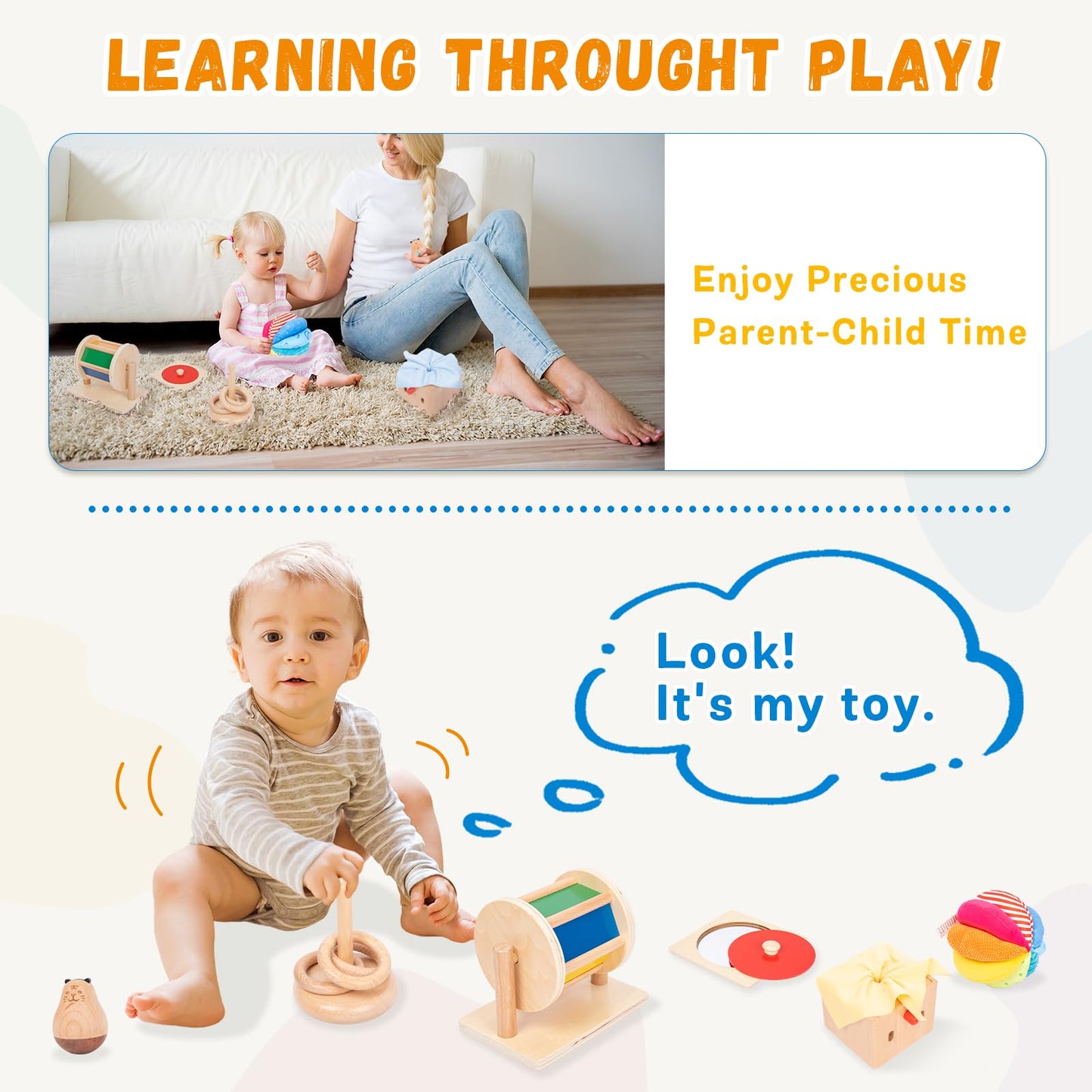 Adena Montessori Play Kit for 5-6 Months Baby,8 in 1 Learning Educational Toys for Toddler,Include Rainbow Spining Drum,Mirror Puzzle,Baby Tissue Box and More,Christmas Birthday Gift for Boys Girl