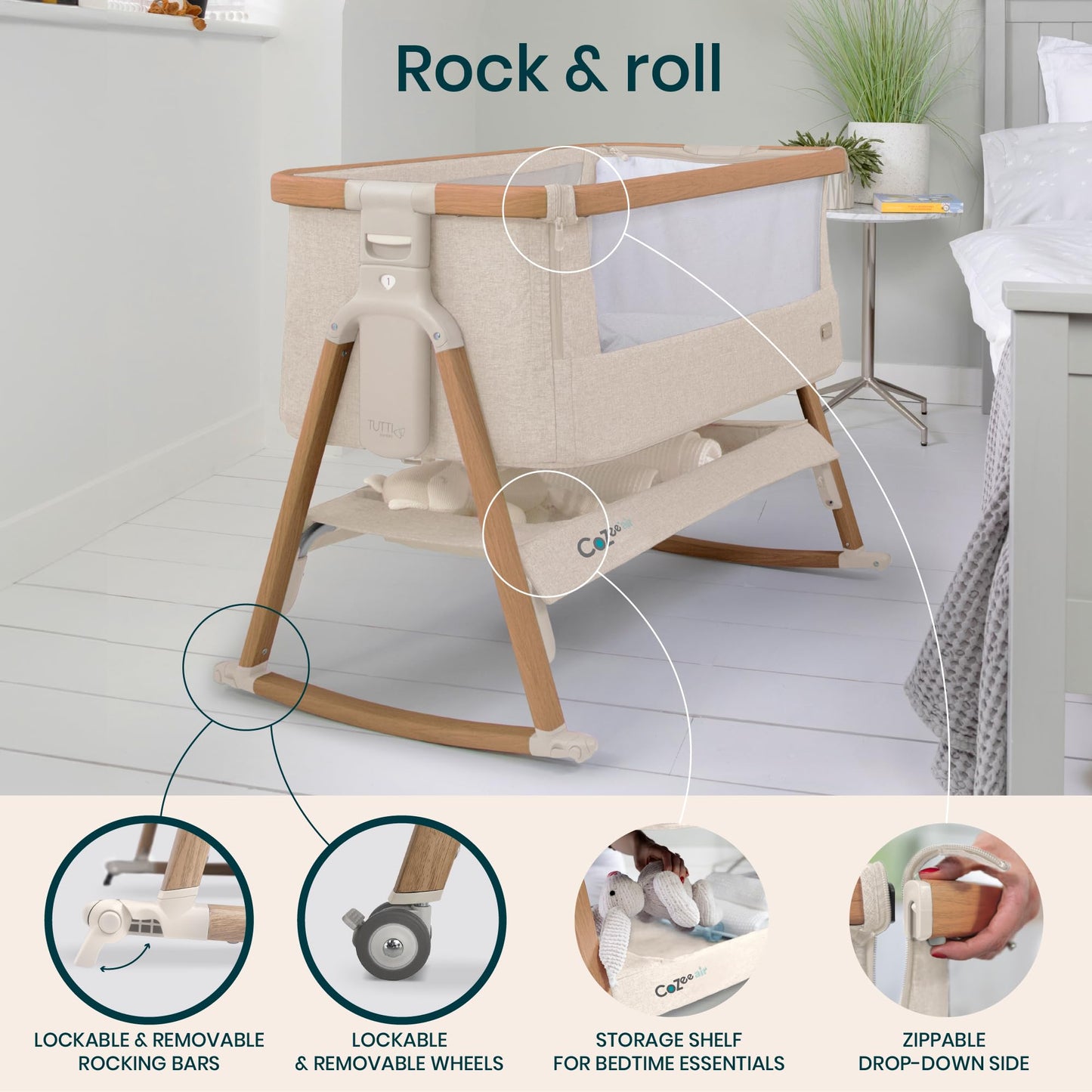 Tutti Bambini CoZee® Air Baby Bassinet & Bedside Sleeper - Rocking Bassinet for Baby, Fast-Folding with Travel Bag, Deluxe Airflow Mattress & 6 Mattress Heights, 0-6 Months (Walnut & Ecru)