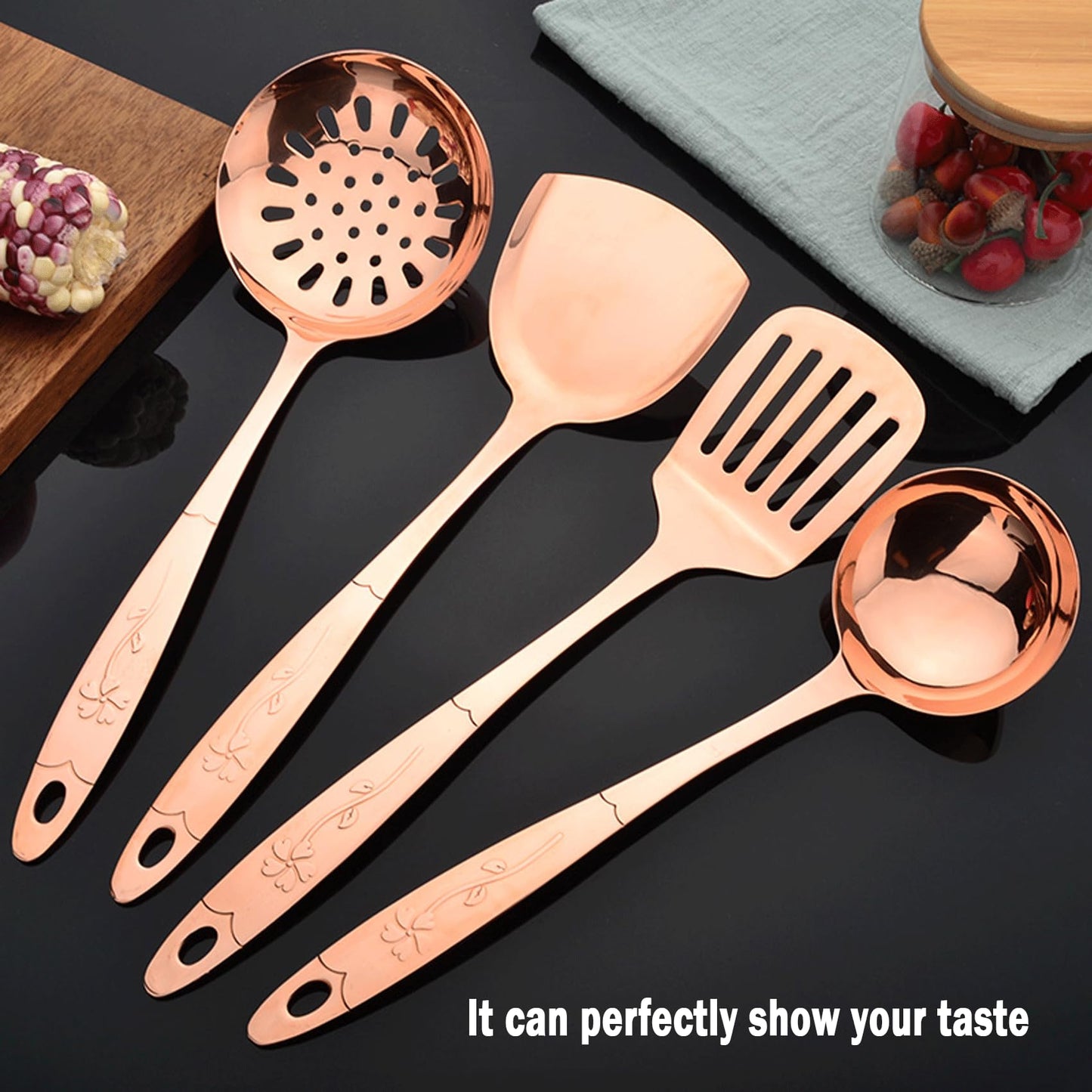 Purecopper 5-Piece Pure Copper Kitchen Cooking Utensils Set, Stylish Copper Kitchen Accessories, Cookware Set for Home or Restaurant Cooking (5)