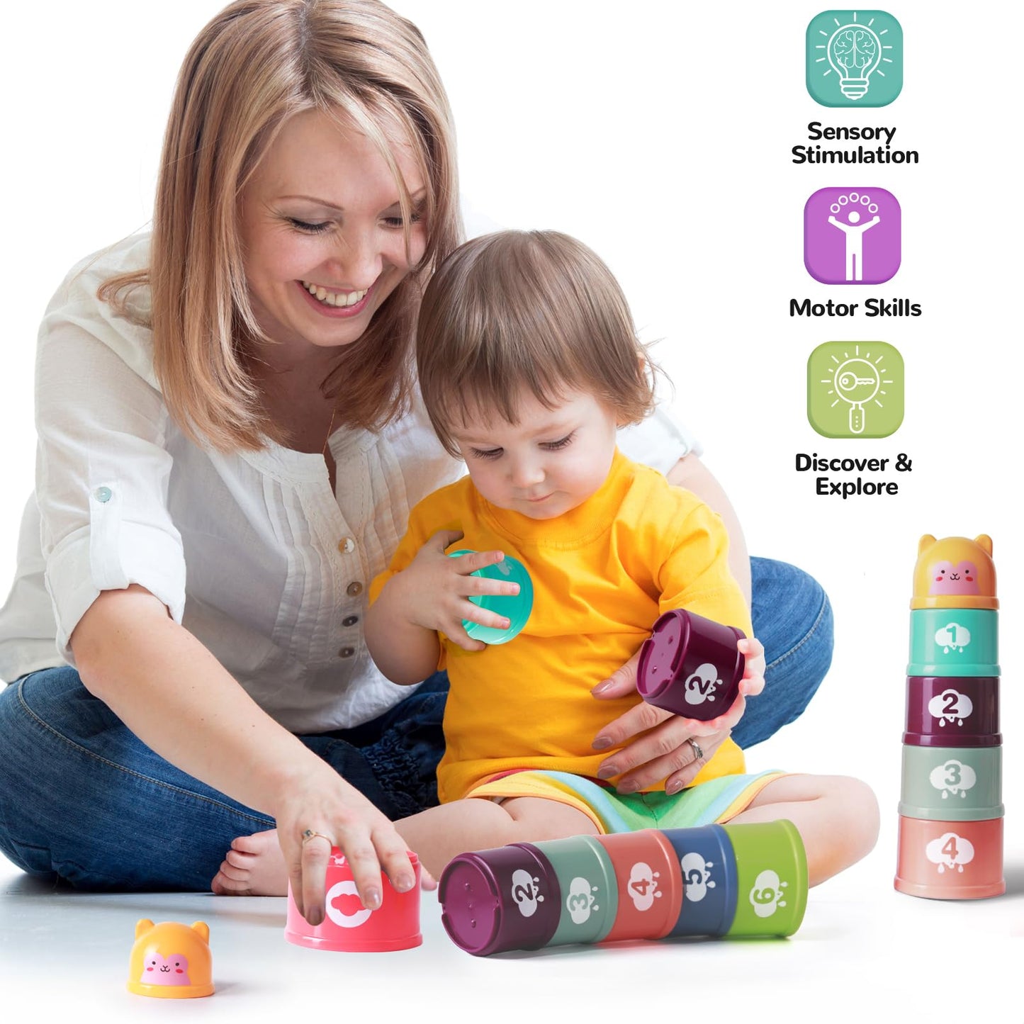 YOOYID 5 in 1 Baby Toys 6 to 12 to 18 Months, Montessori Toy for Babies 6-12 Months, Gifts for 1 Year Old, Sensory Toys for Babies, Baby Tissue Box, Stacking Cups, Shape Sorter Cube