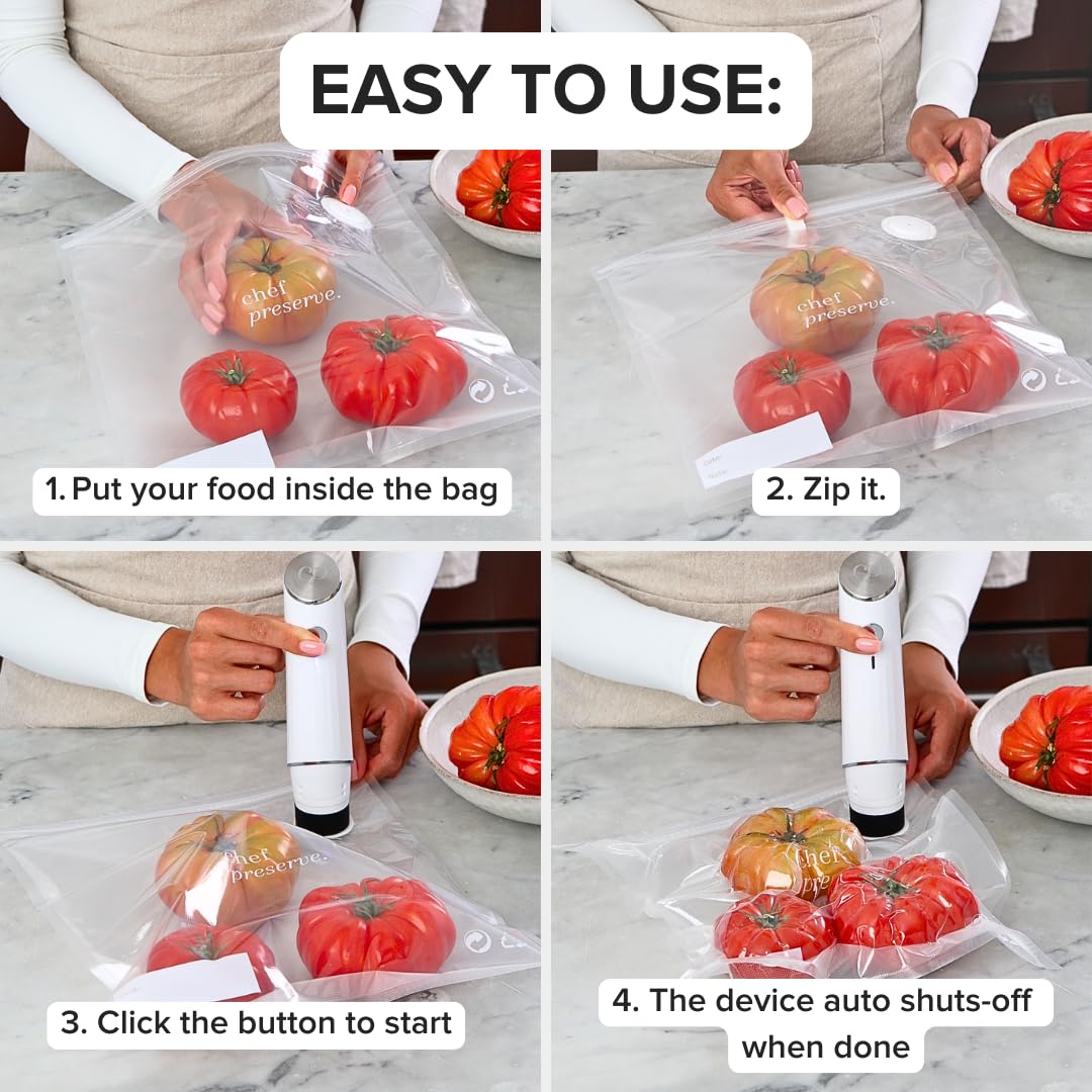 Chef Preserve Compact Vacuum Sealer for Food (Vacuum Sealer Machine + 3 Glass Vacuum Containers + 30 Reusable Vacuum Bags) Powerful Handheld Vacuum Seal Machine, Seal Meal Saver, Portable Food Sealer