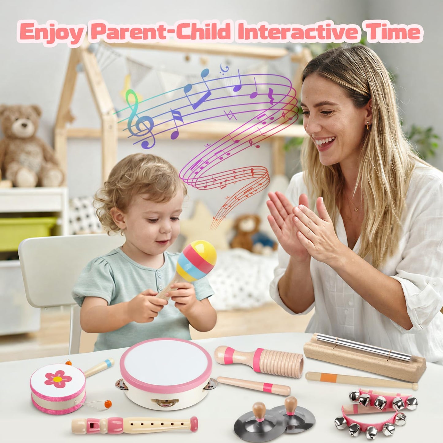 Baby Musical Instruments - Montessori Musical Toys for Toddlers 1-3, Wooden Percussion Instruments Set, Kids Preschool Educational Music Learning Toys, Birthday Gifts for Boys Girls (Pink)