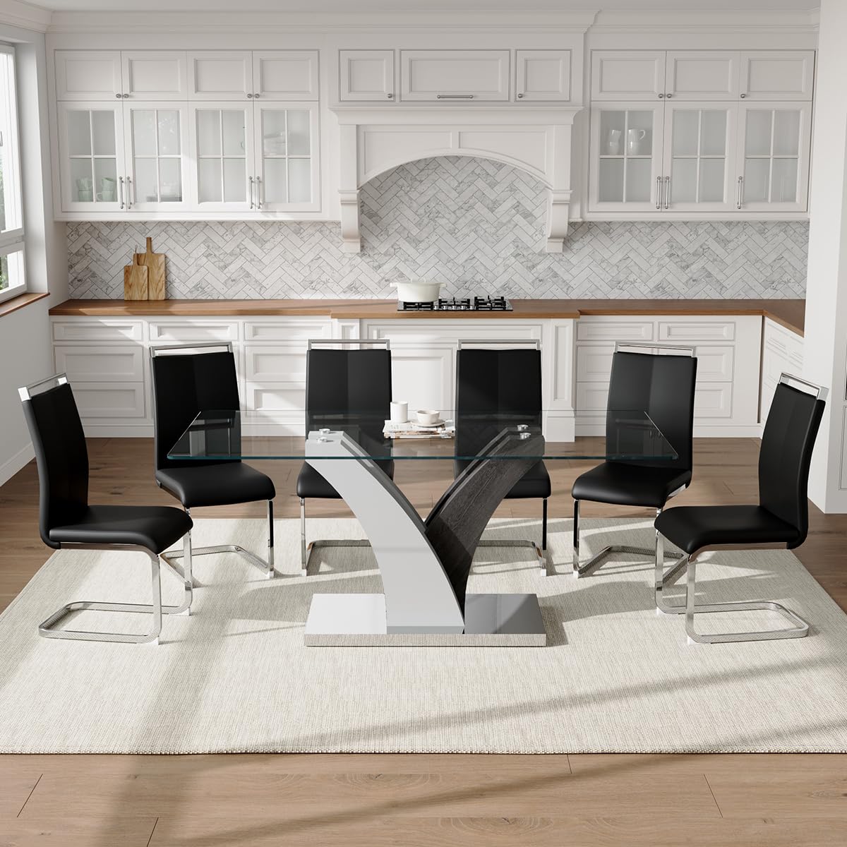 JEARGE Glass Dining Table Set for 6, 71” Kitchen Table Set for 6, Large Dining Room Table Set with PU Leather Chairs, Rectangular Tempered Glass Tabletop with Stable Silver Base