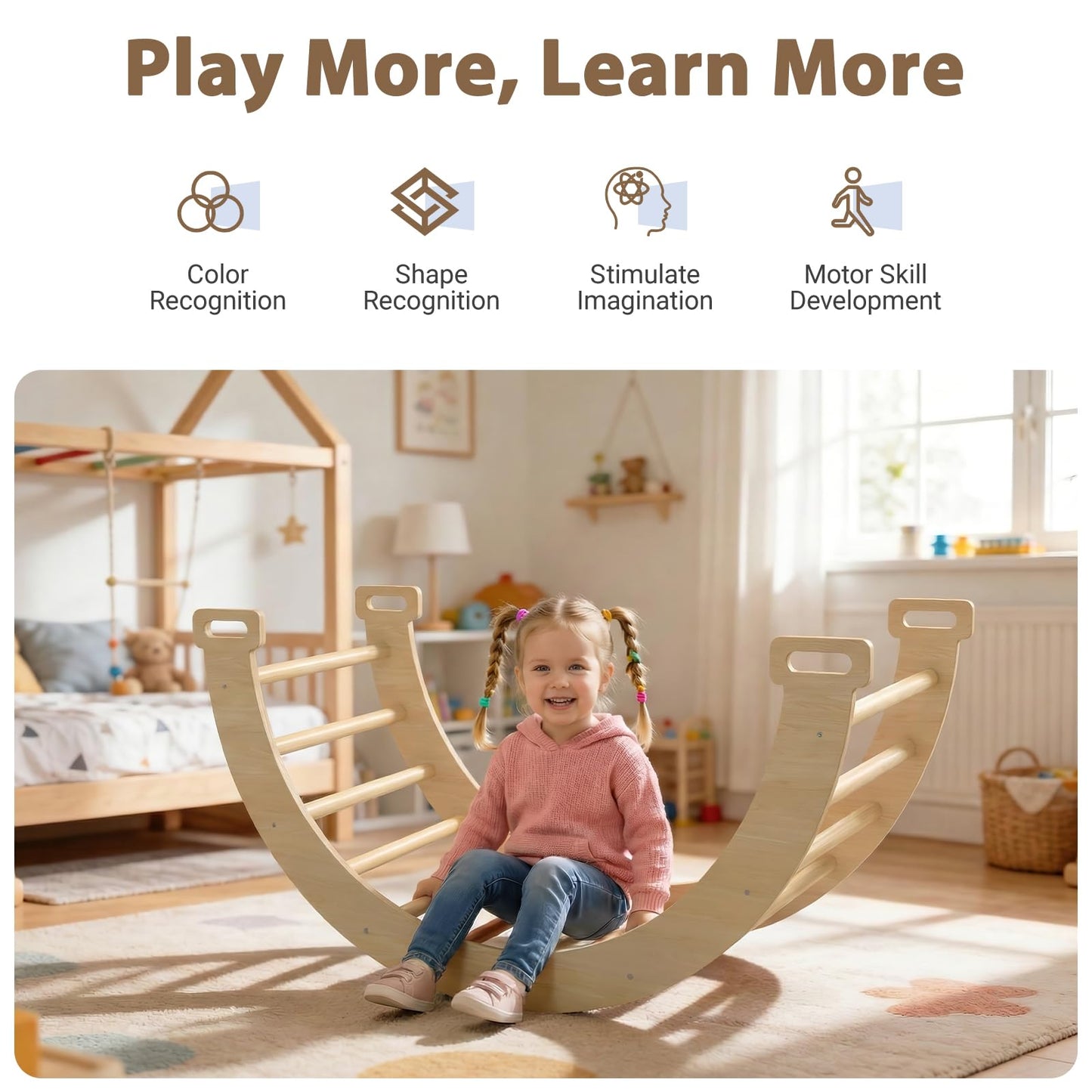 CMFYDAILY Large Pikler Triangle Set, 7-in-1 Toddler Climbing Toys Indoor, Wooden Montessori Climbing Set with Arch Ramp Ladder, Foldable Baby Jungle Gym Playground (Wood Natural)