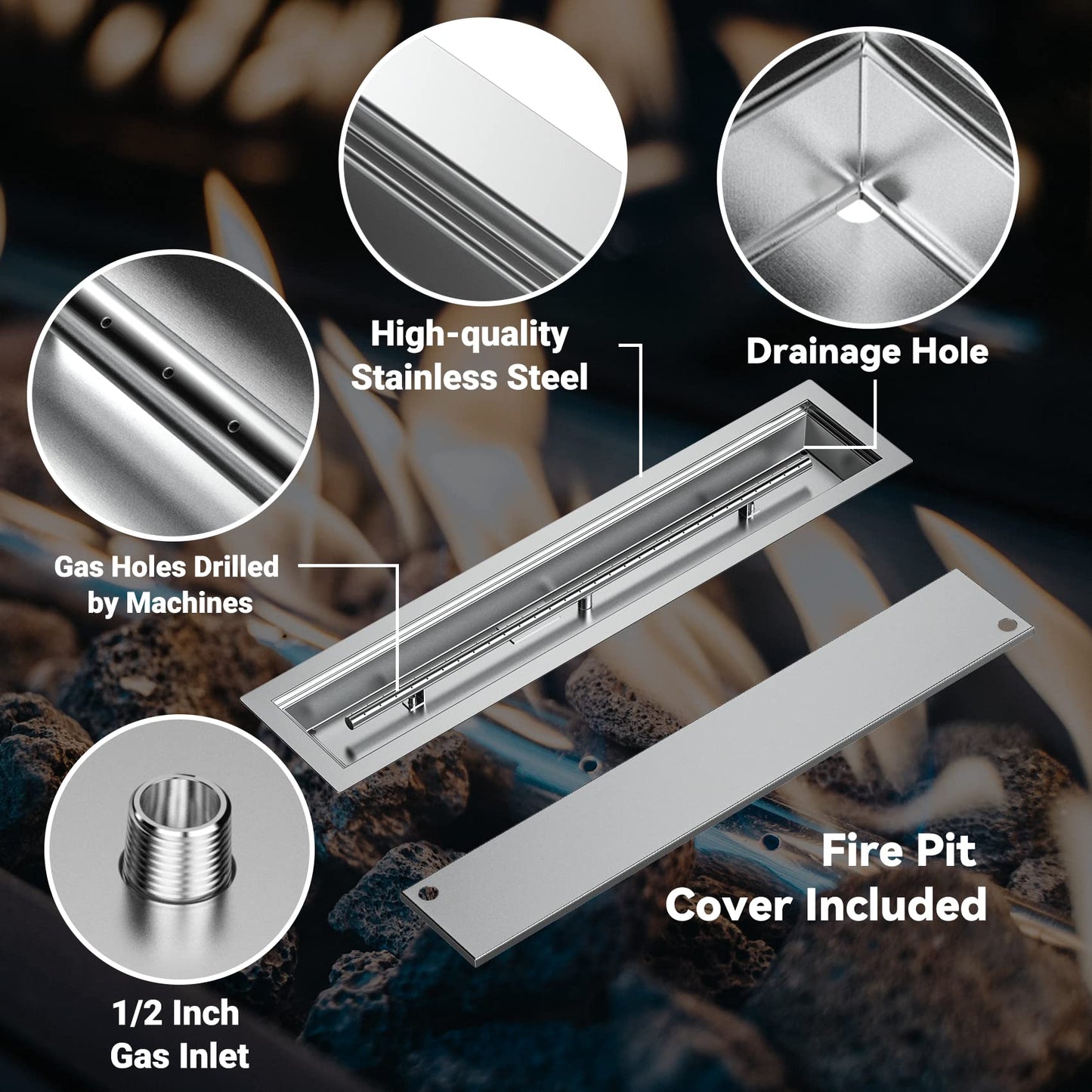 Skyflame Linear Stainless Steel Drop-in Fire Pit Pan and Burner with Burner Cover, 36 by 6-Inch