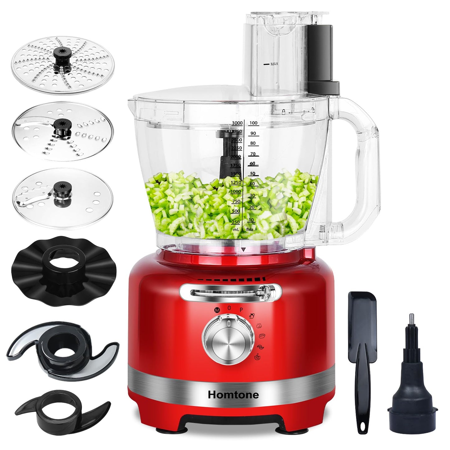 Homtone 16 Cup Food Processor, 6 Preset Modes& Stepless Speed Control for Dough Kneading, Meat Chopping, Slicing, Shredding, French Fries Potato Cuting, Cheese Grating& Whipping Cream, 650W, Red