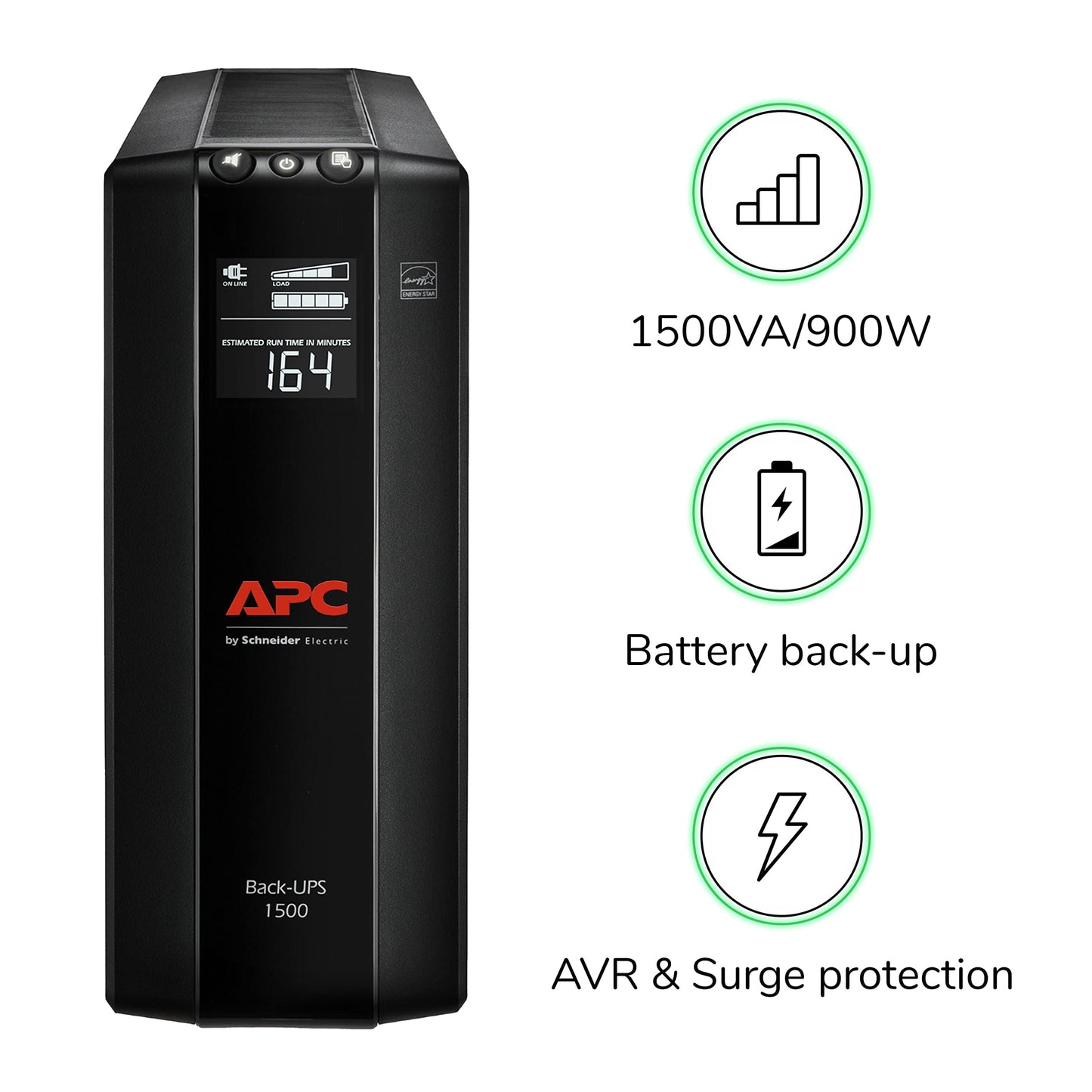 APC UPS Back-UPS Pro 1500VA UPS, 900W Battery Backup & Surge Protector, AVR, 10 Outlets (NEMA 5-15R), LCD, BX1500M Uninterruptible Power Supply for Computers, Wi-Fi Routers, Home Office Electronics