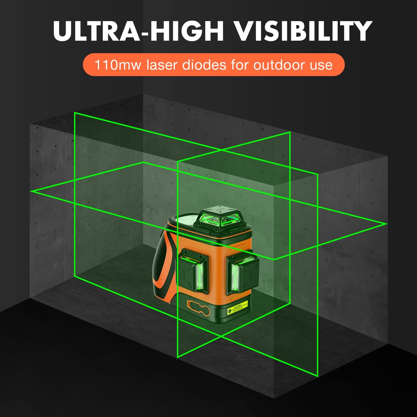 DOVOH High Visibility Laser Level Outdoor: Heavy Duty 3D Laser Level 360 Self Leveling Up To 197ft Long Range for Construction Tiling Framing 12 Line Green Beam, H3-360G