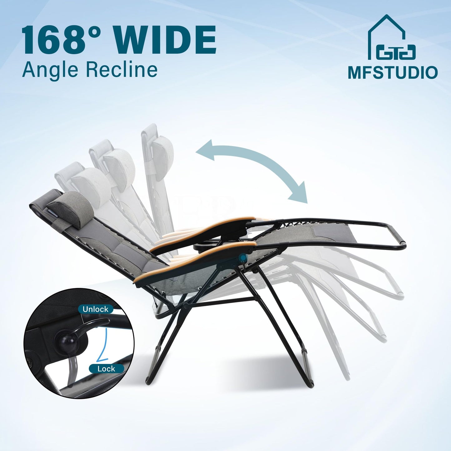 MFSTUDIO Zero Gravity Chairs, Oversized Patio Recliner Chair, Padded Folding Lawn Chair with Cup Holder Tray, Support 400lbs, Light Grey
