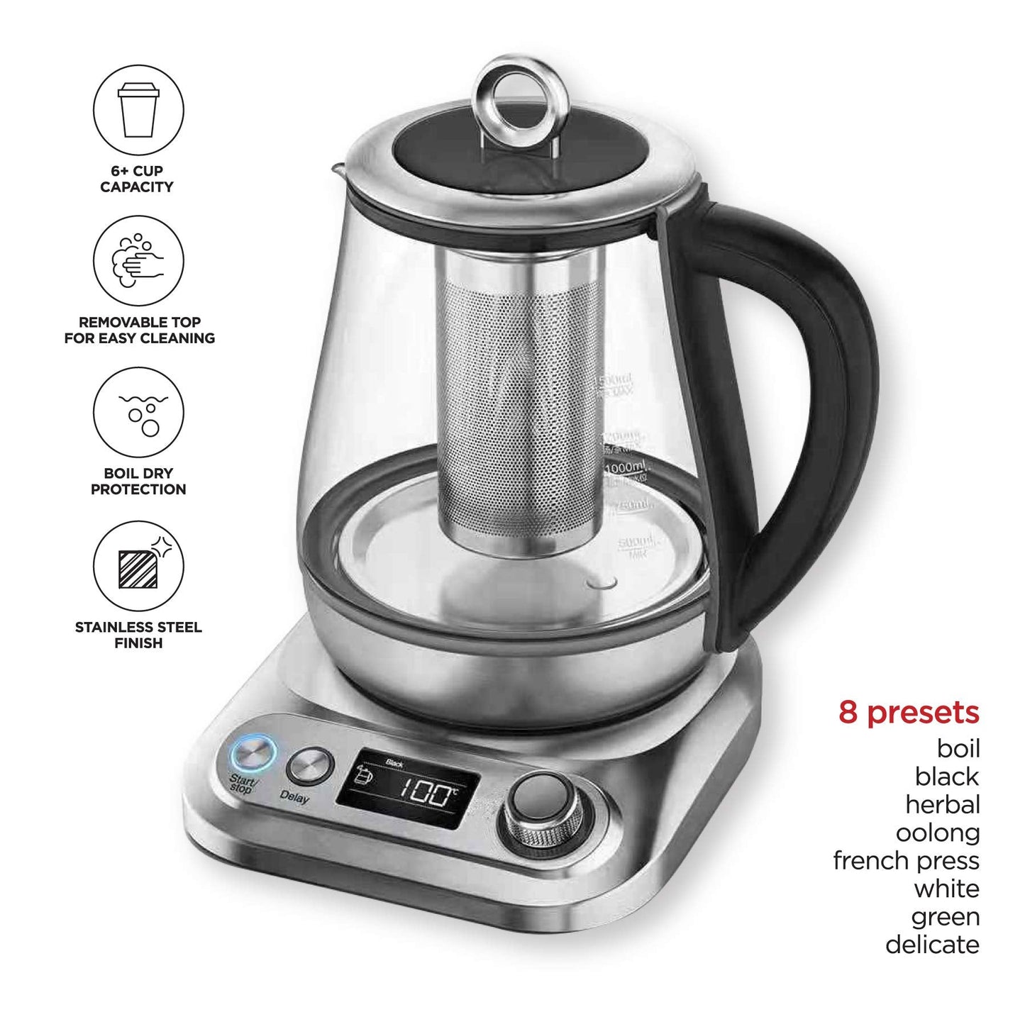 Chefman Digital Electric Glass Kettle, No.1 Kettle Manufacturer, Removable Tea Infuser Included, 8 Presets & Programmable Temperature Control, Auto Shutoff, Water Filter, 6+ Cup Capacity, 1.5 Liter