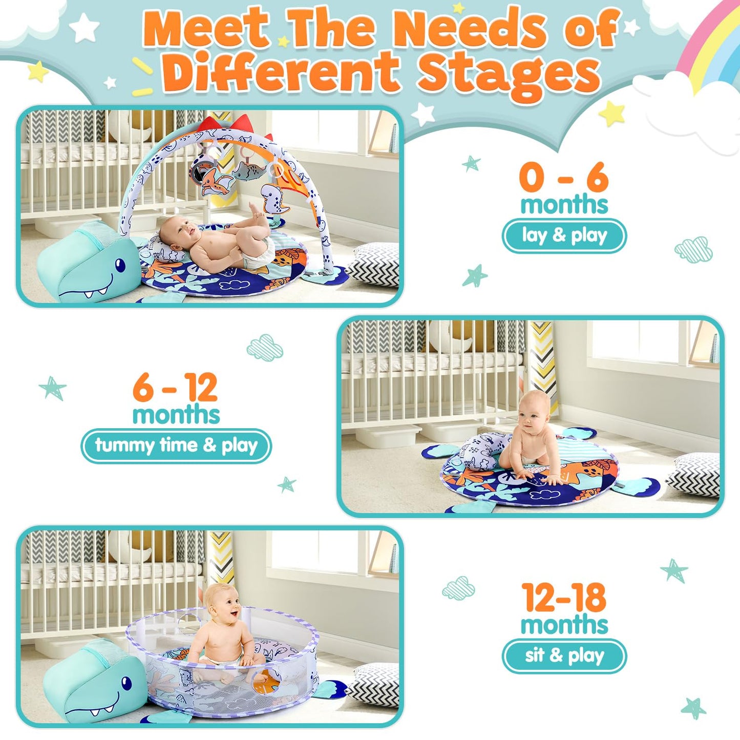 PLAY 4-in-1 Baby Play Mat - Dinosaur Baby Gyms & Playmats Tummy Time Mat Washable, Baby Activity Center with 4 Sensory Toys & 1 Soft Pillow, Develop Motor Skills Gift for Newborn Toddler - Multi
