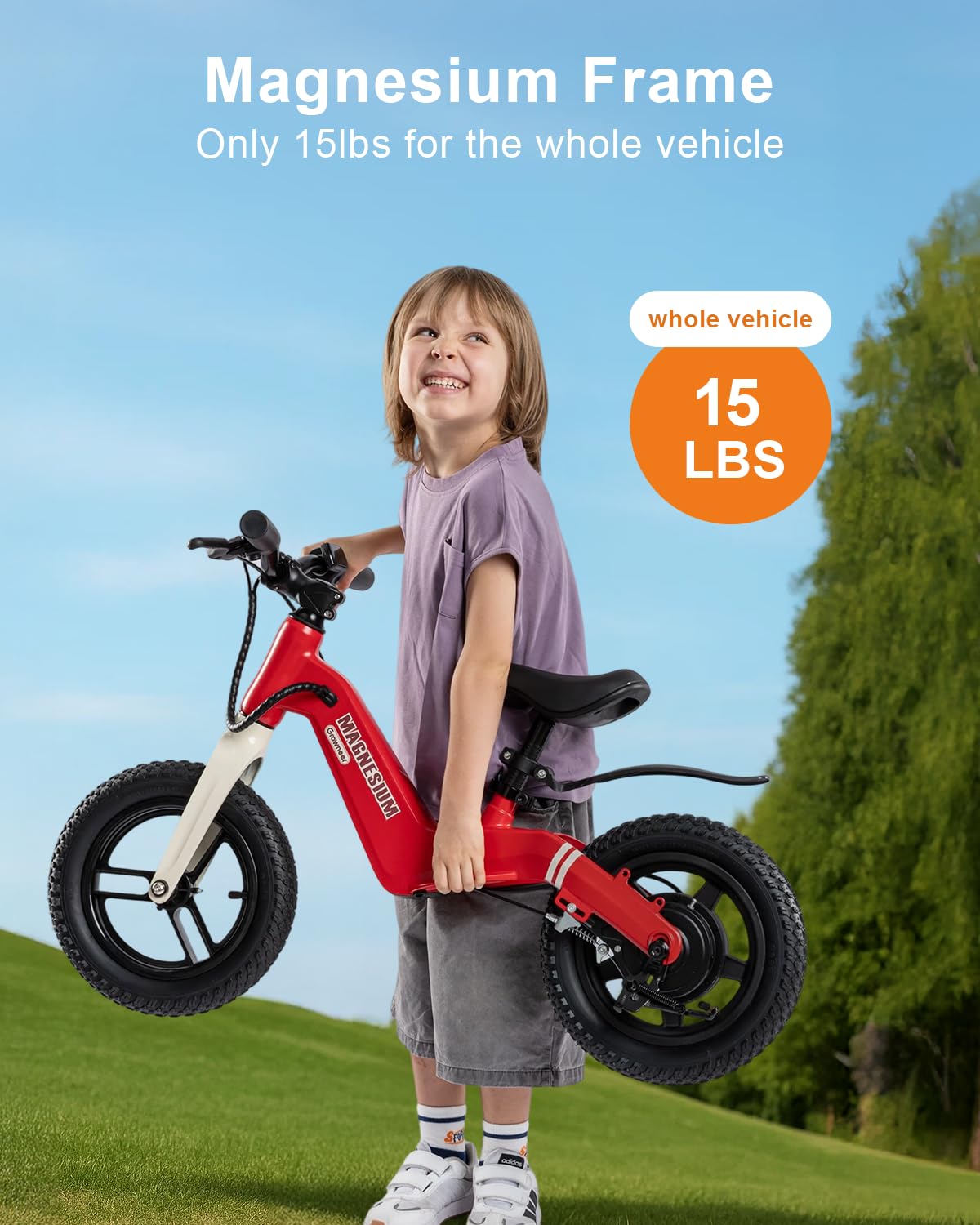 GROWNEER Electric Balance Bike for Kids 3-5 Year Old Boys Girls, 12 Inch Pneumatic Tires, 3 Speed Settings (3.1/6.2/9.3 mph), Light-up Front Tire & Adjustable Seat, 9.3 Mile Range, Red