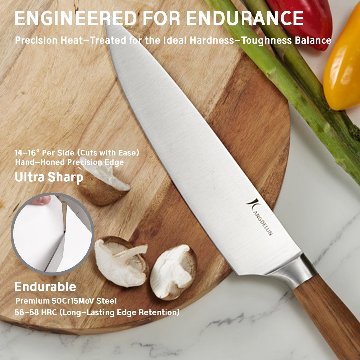 Kangdelun Ultra Sharp 15-Piece Knife Set, 50Cr15MoV High-Carbon Stainless Steel, Torrefied Brown Ash Wood Handles, Angled Golden Brown Wood Block, Easy Hand Wash, Gift Box
