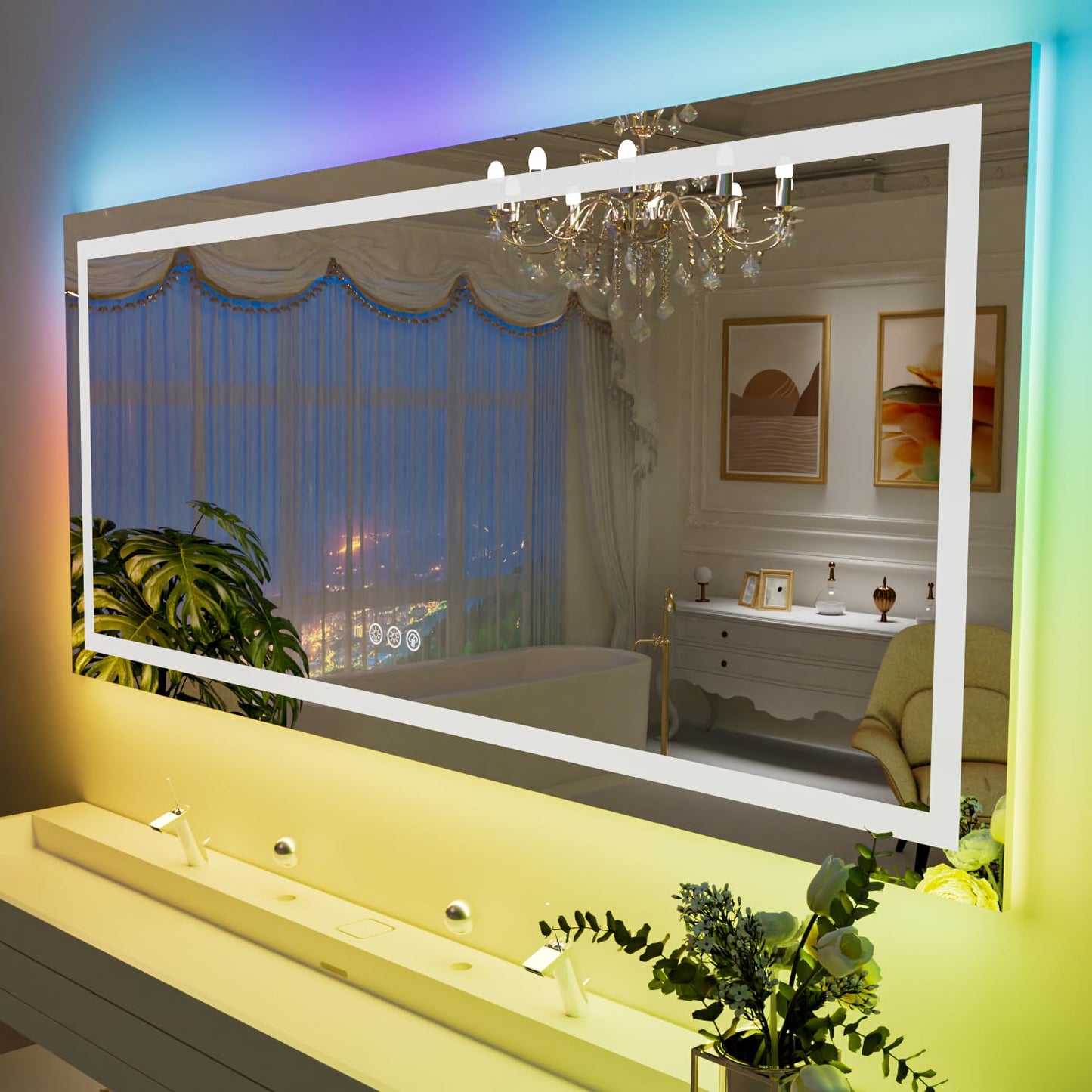 LOAAO 60”X40“ RGB LED Bathroom Mirror with Lights, Large, Anti-Fog, Dimmable Smart Lighted Bathroom Vanity Mirror, Multiple Light Modes, RGB Backlit + Front Light, Memory Function, Tempered Glass