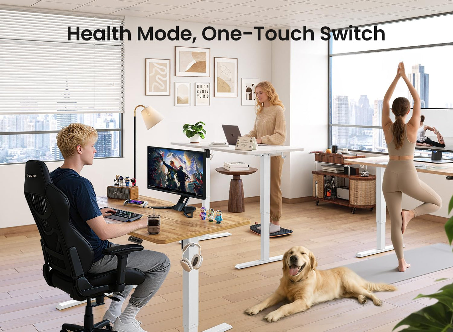 BANTI 55 × 28 Inches Standing Desk, Ergonomic, Electric Height Adjustable, Sit and Stand Up, Computer Desk with a Deeper Desktop, White Frame/Light Rustic Top