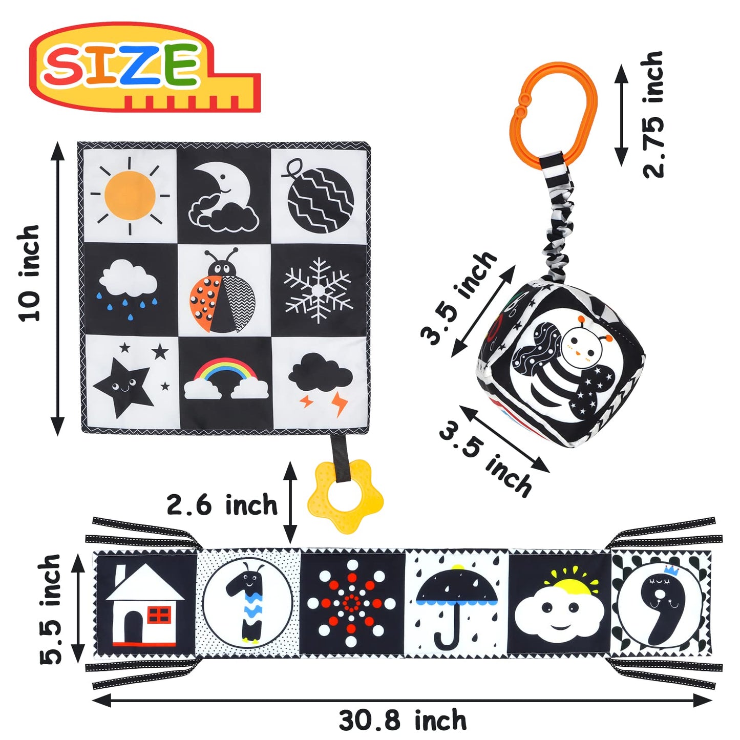 KUANGO 3 PCS Black and White High Contrast Baby Toys Newborn Toys 0-6 Months, Visual Stimulation Sensory Soft Book, Infant Tummy Time Toys 0-3-6 Months Baby Gifts