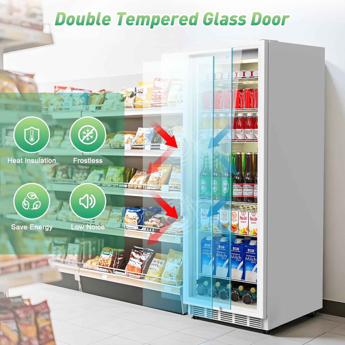 Velivi Commercial Merchandiser Refrigerator, 13.8 Cu Ft Display Beverage Fridge with Glass Door Upright Cooler with LED Light Low Noise, Fast Cooling for Shop, Restaurant, Office (White)