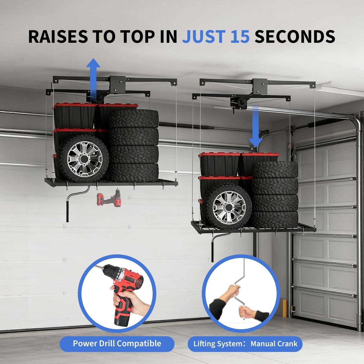 Patikuin Garage Ceiling Storage Rack,Storage Elevator for Garage,4x4 ft Overhead Lift Storage with 350 Lb Capacity,Smooth Crank System, Space-Saving Design for Garage Organization