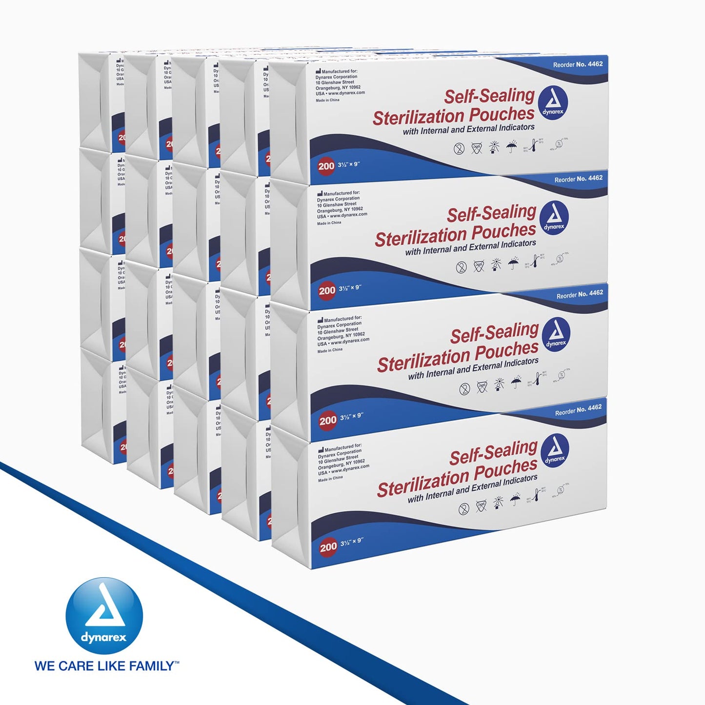 Dynarex Sterilization Pouches - Self-Sealing Autoclave Bags for Medical, Dental, Tattoo & Nail Care Tools - Blue-Tinted Transparent Cover, Dual Color Indicators - 3.5" x 9", 20 Boxes of 200