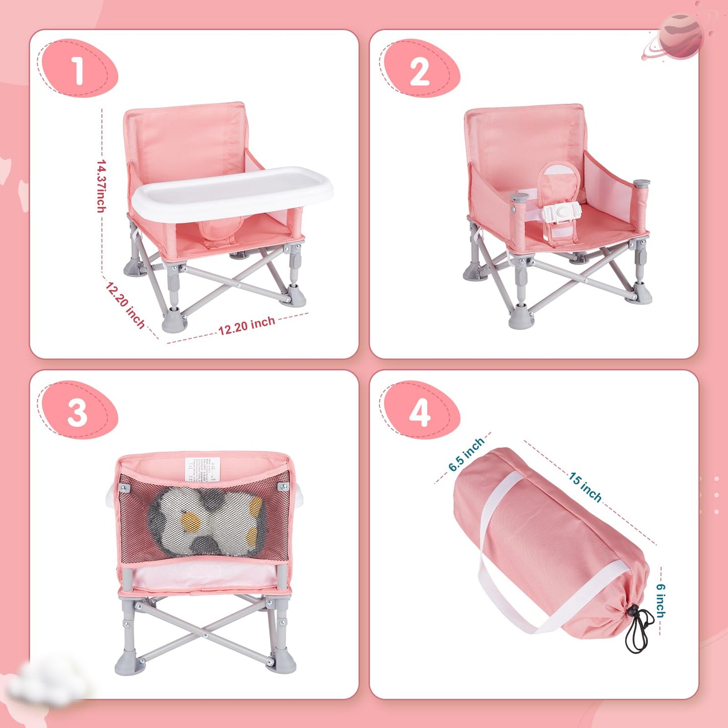 Furmubei Portable Baby Booster Seat with Tray, Toddler Booster seat for Dining, Camping, Travel, Baby Beach Chair 6 Months to 3 Years Old Indoor Outdoor Use Pink