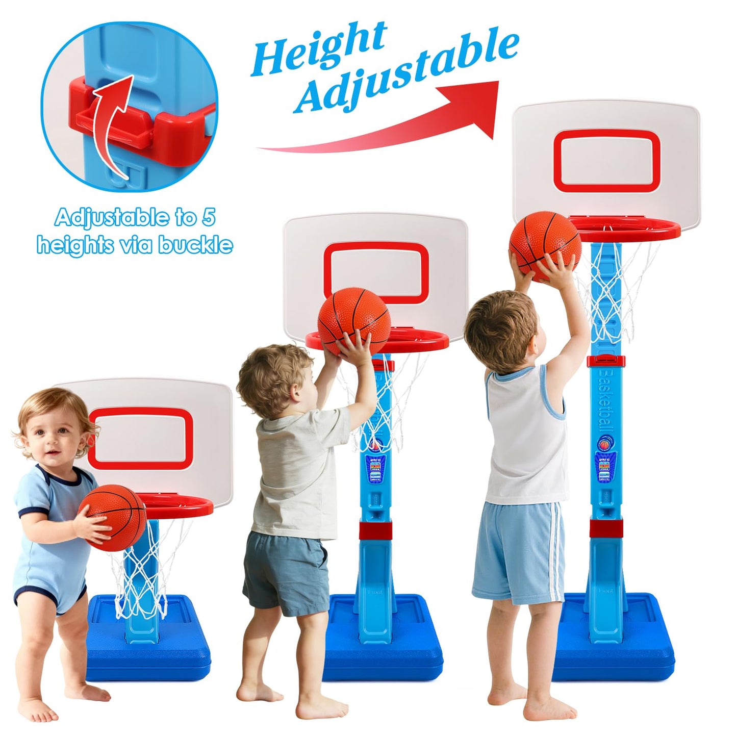 AOSPHYS Toddler Basketball Hoop Indoor Outdoor - Height Adjustable 27.6-54 Inches (5 Slots), Kids Basketball Hoop with 4 Inflatable Balls & Pump, Safe Toddler Toys for 1-6 Year Old Boys Girls