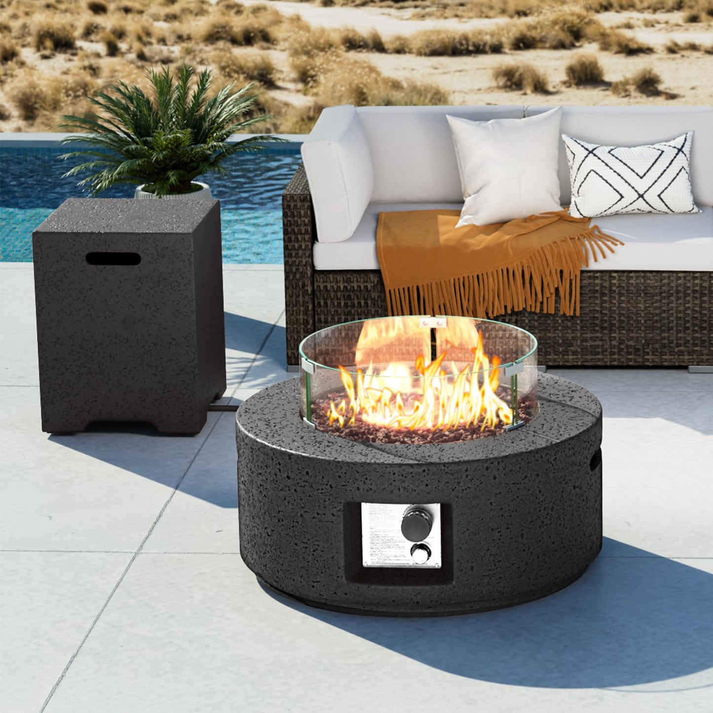 COSIEST Outdoor Propane Fire Pit Coffee Table, 28-inch Magnesium Oxide Round Base Patio Heater, 40,000 BTU Stainless Steel Burner, Free Lava Rocks, Waterproof Cover, Wind Guard, Tank Cover, Gray