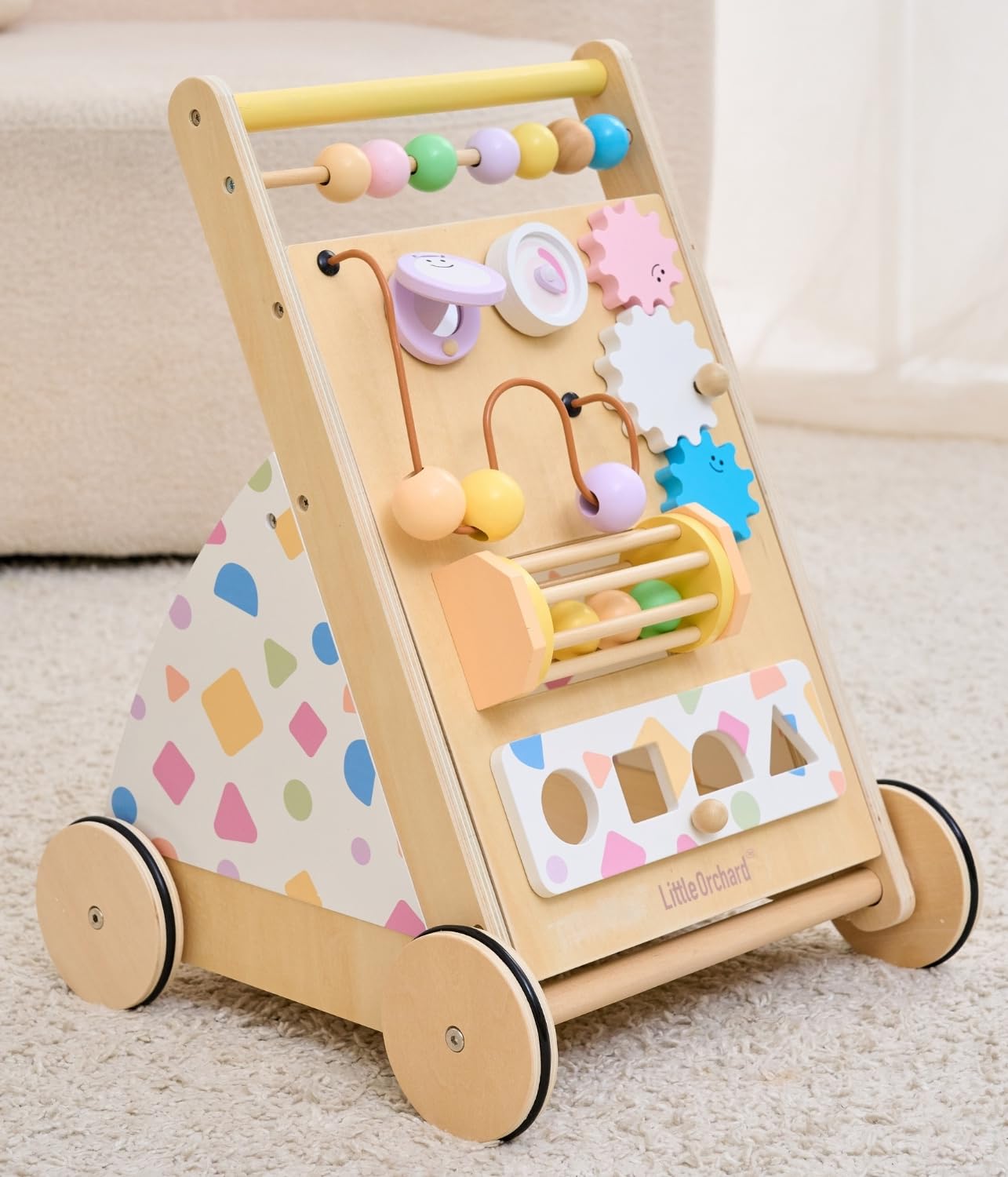 Little Orchard Baby Wooden Baby Walker with Upgraded Adjustable Speed Control, Montessori Activity Push Walker with Wheels, Baby Walker Toy for Toddlers, Gift for Boys & Girls 1 Year Old