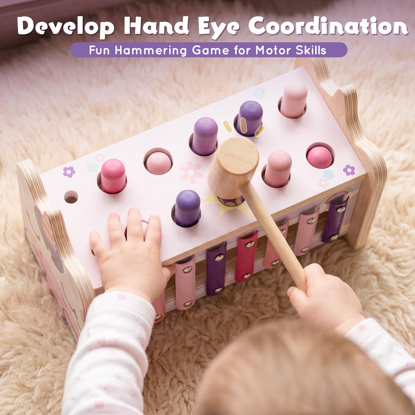 Lehoo Castle Baby Montessori Toys for 1 2 Year Old, Wooden Hammering Pounding Toy with Xylophone, Educational Learning Activities for 1 2 3 Year Old Girls First Christmas Birthday Gifts - Unicorn