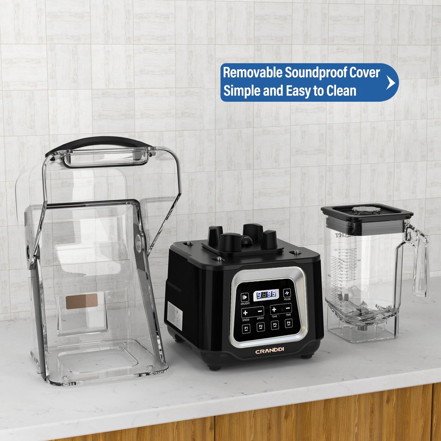 CRANDDI Commercial Smart Smoothie Blender - 2200W High-Power Professional Blenders for Smoothies & More, 4 Pre-Set Programs, Quiet Blender with Removable Shield, 52oz Jar, 120V, K80TS (Black)