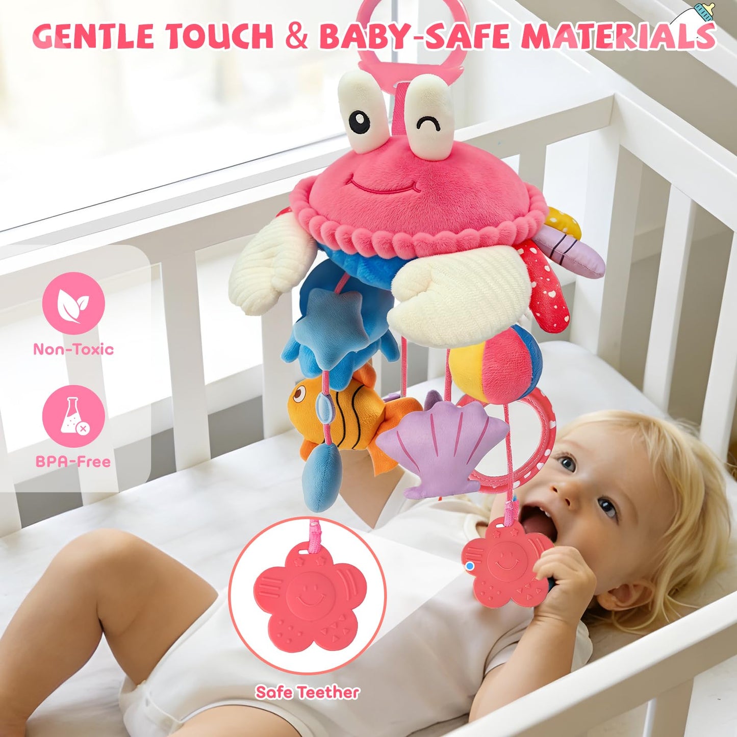 Car Seat Toys for Babies 0-6 Months, Hanging Sensory Crab Plush Toy for Stroller, Crib & Play Gym, Montessori Infant Activity Toy with Mirror, Rattle & Teether, Newborn Baby Gifts 0-12 Months (Pink)