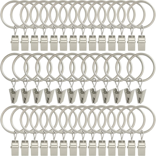 AMZSEVEN 40 Pack Curtain Rings with Clips, Drapery Clips with Rings, Drapes Rings 1.26 in Interior Diameter, Fits up to 1 in Curtain Rod, Matte Silver