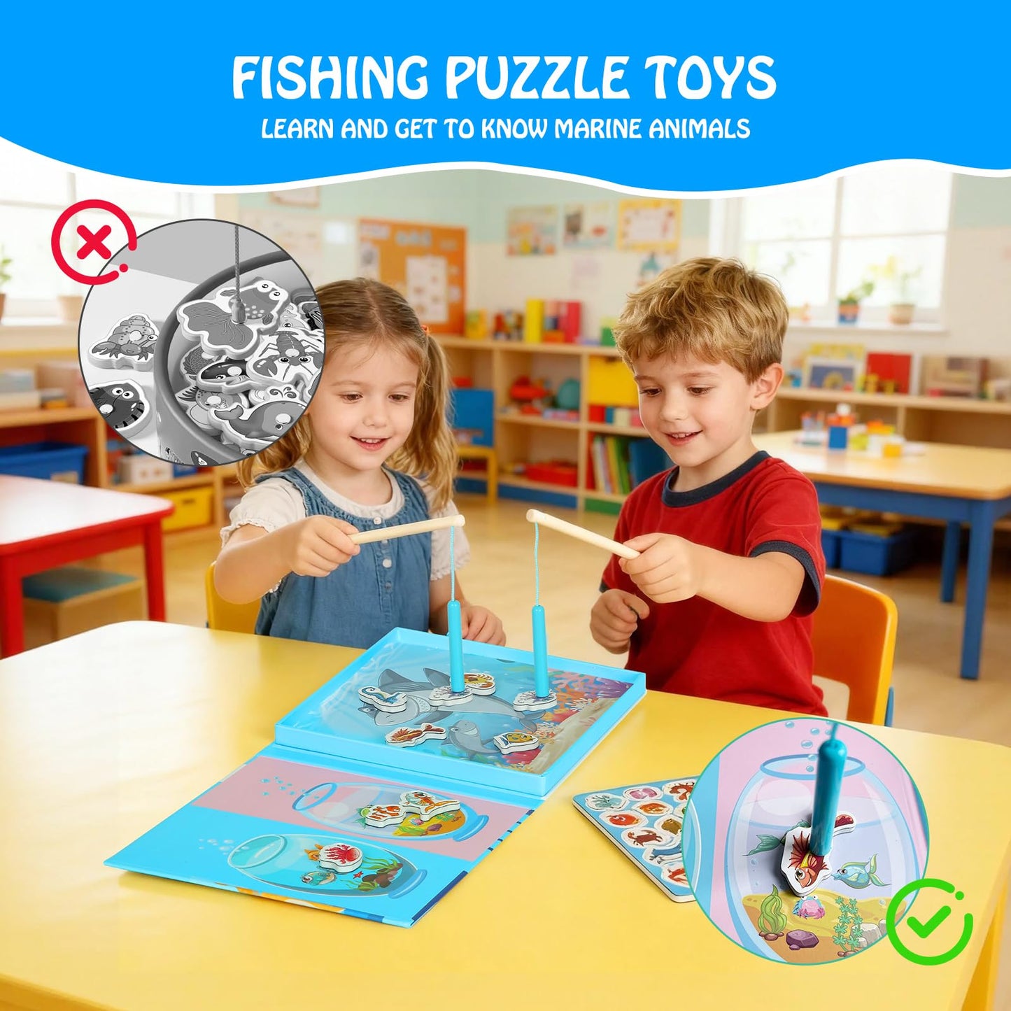 VOLSION Magnetic Fishing Game for Toddlers Ages 3-8 – Montessori Wooden Educational Toy with 28 Fish – Preschool Learning Toy for Fine Motor Skills, Travel, Airplane & Road Trips