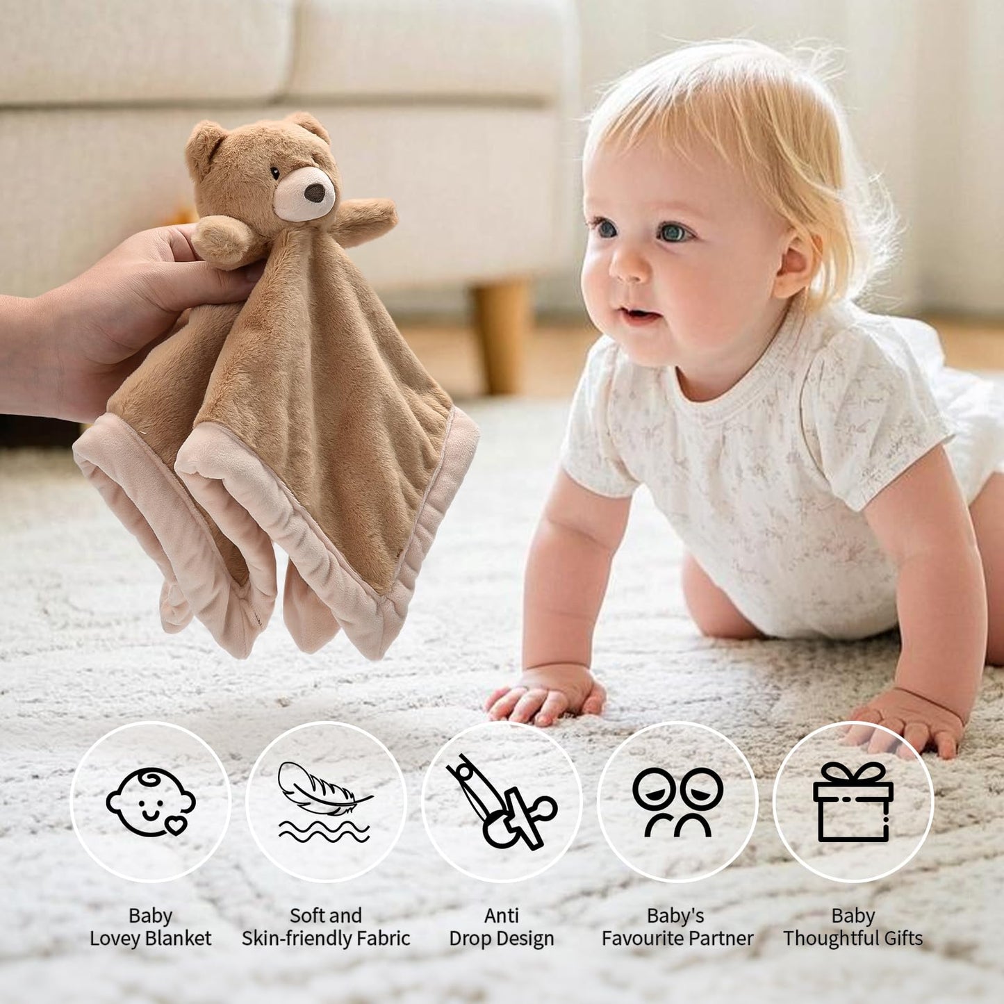 Baby Bear Security Blanket, Soft Loveys for Babies, Lovey for Newborn Boys and Girls, Gender Neutral Security Blanket with Stuffed Animal, Baby Snuggle Toy