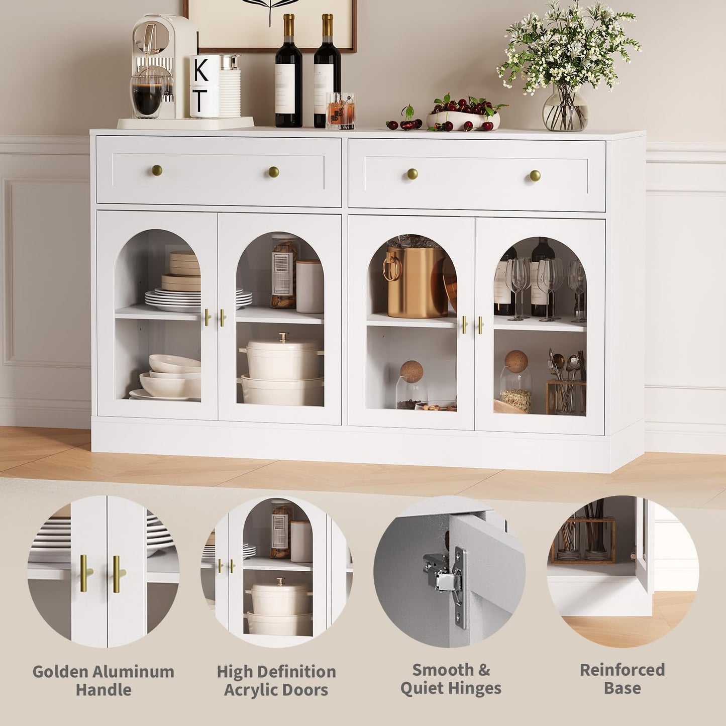 55" Farmhouse Sideboard Buffet Cabinet with Storage, Large Glass Display Cabinet Console Coffee Bar Buffet Table with 2 Drawers & Acrylic Doors for Kitchen, Dining Room, Living Room, White