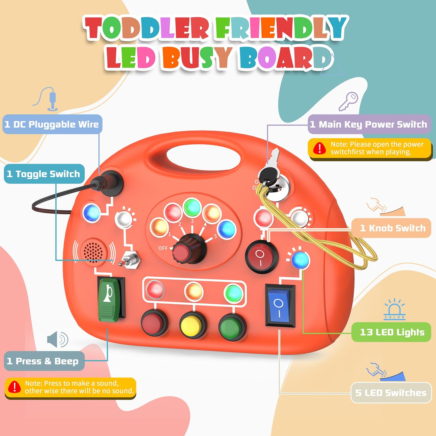 JIWORT Montessori Busy Board for 1 Year Old, Busy Board with LED Light, Baby Sensory Board Toddler Travel Toys for Kids Preschool Learning Activities Boys & Girls Birthday (Orange)