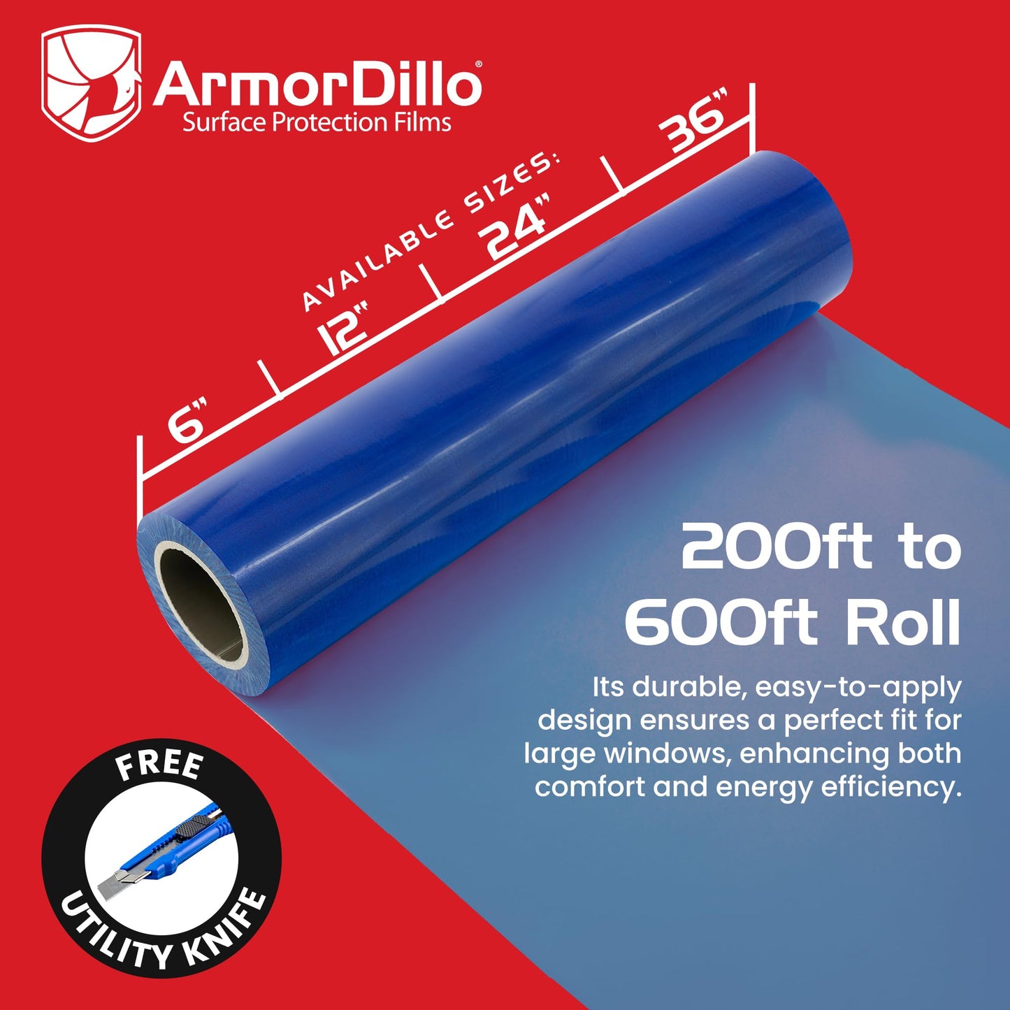 ArmorDillo Blue Window Protection Film| 29.96/Roll (5 Rolls/case,1 case), 24" x200'. Temporary Self-Adhesive Glass Cover, Masking, 45-Day UV-Resistant, Window & Surface Protection| Construction Wrap