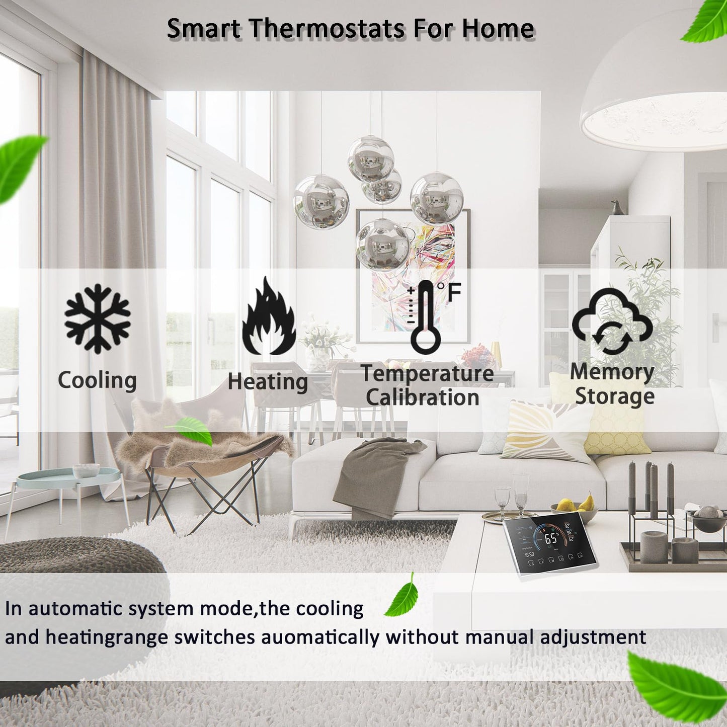 Bestechy Smart Thermostats for Home, Digital Thermostat with App, WiFi Thermostats for Home Heat Pumps, Cooling Heating & Auto, Includes C-Wire Adapter, LCD Screen/Voice Control/Weather/Energy Saving