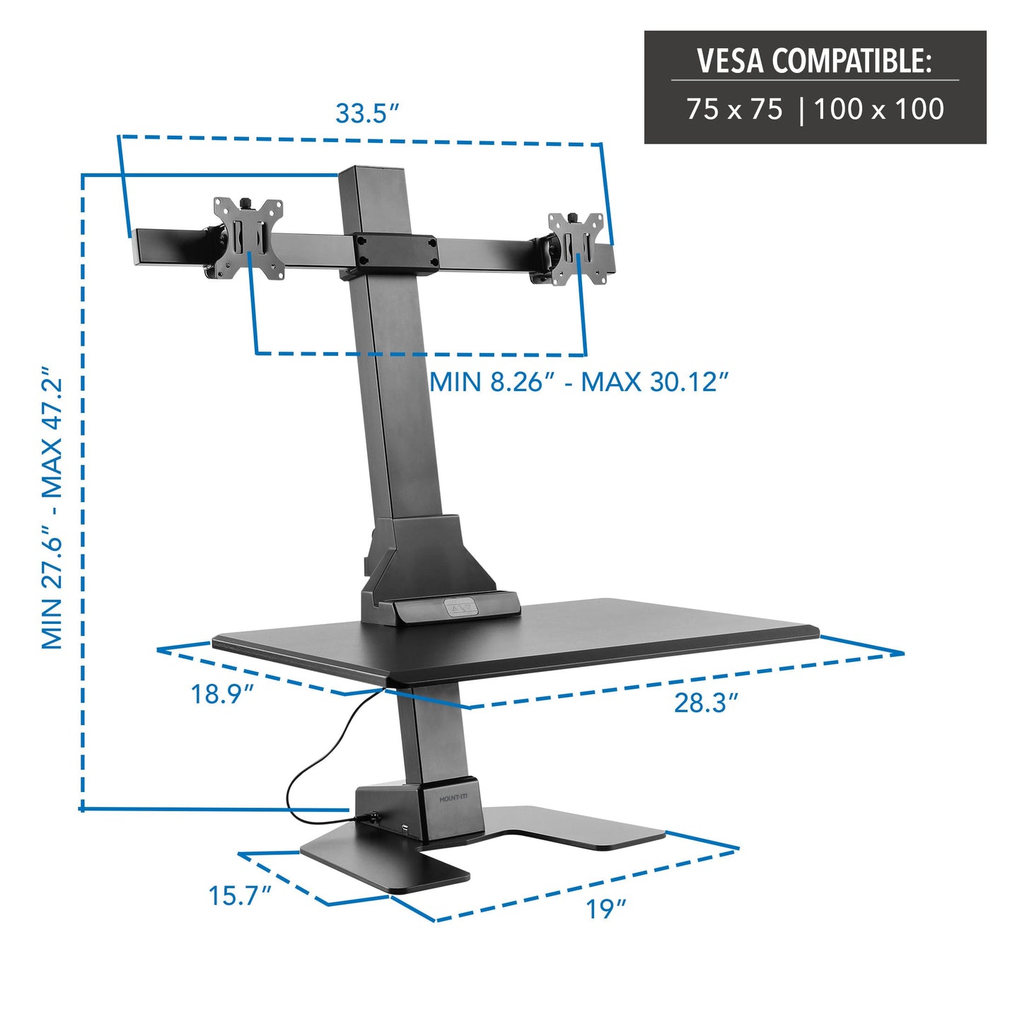 Mount-It! Double Monitor Electric Standing Desk Converter - 2 Screens Stand Up Desk Riser - Height Adjustable Desktop & 2 Mounts for Screens up to 32", Sit-Stand Convertor for Home, Office, School