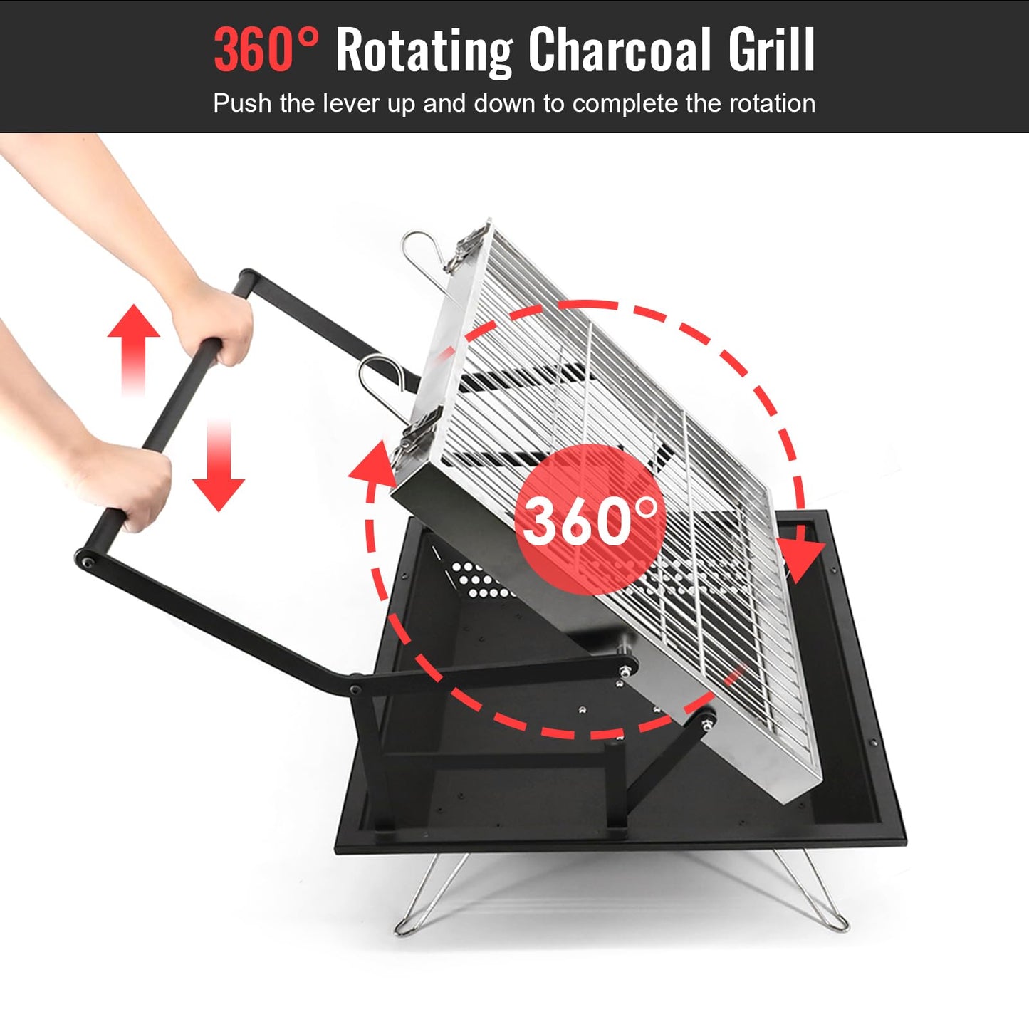 BiggerFire 360° Rotating Charcoal Grills,Stainless Steel Flipping Barbecue Grill for Camping BBQ Picnics Beach Party Cooking Outdoor Garden Yard