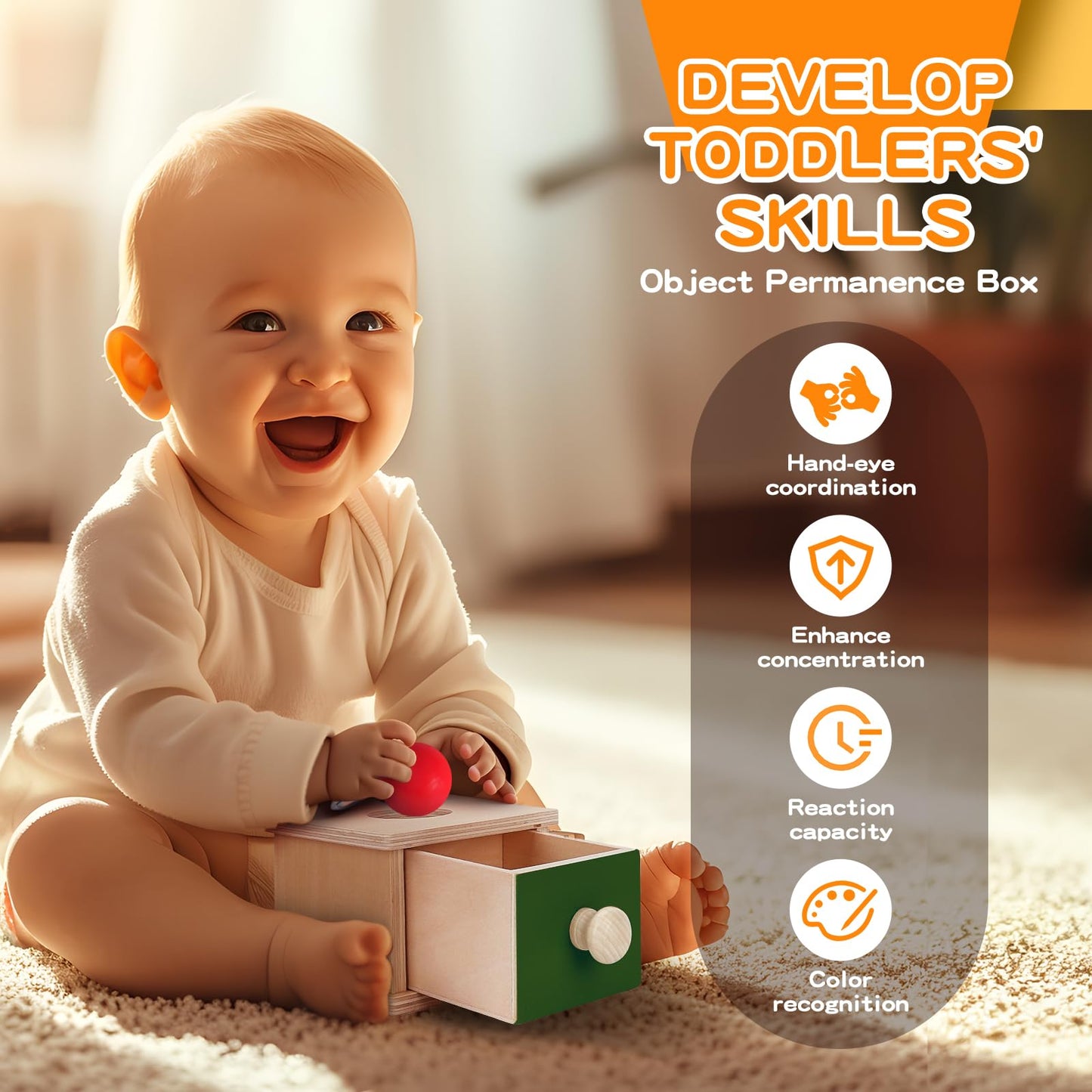 Montessori Educational Toys for Babies 7-12 Months, 7 in 1 Early Learning Educational Kit for Toddlers Gifts, Includes Spinning Drum, Permanent Box, Red Mirror Knob Puzzle, Hedgehog Rattle and More