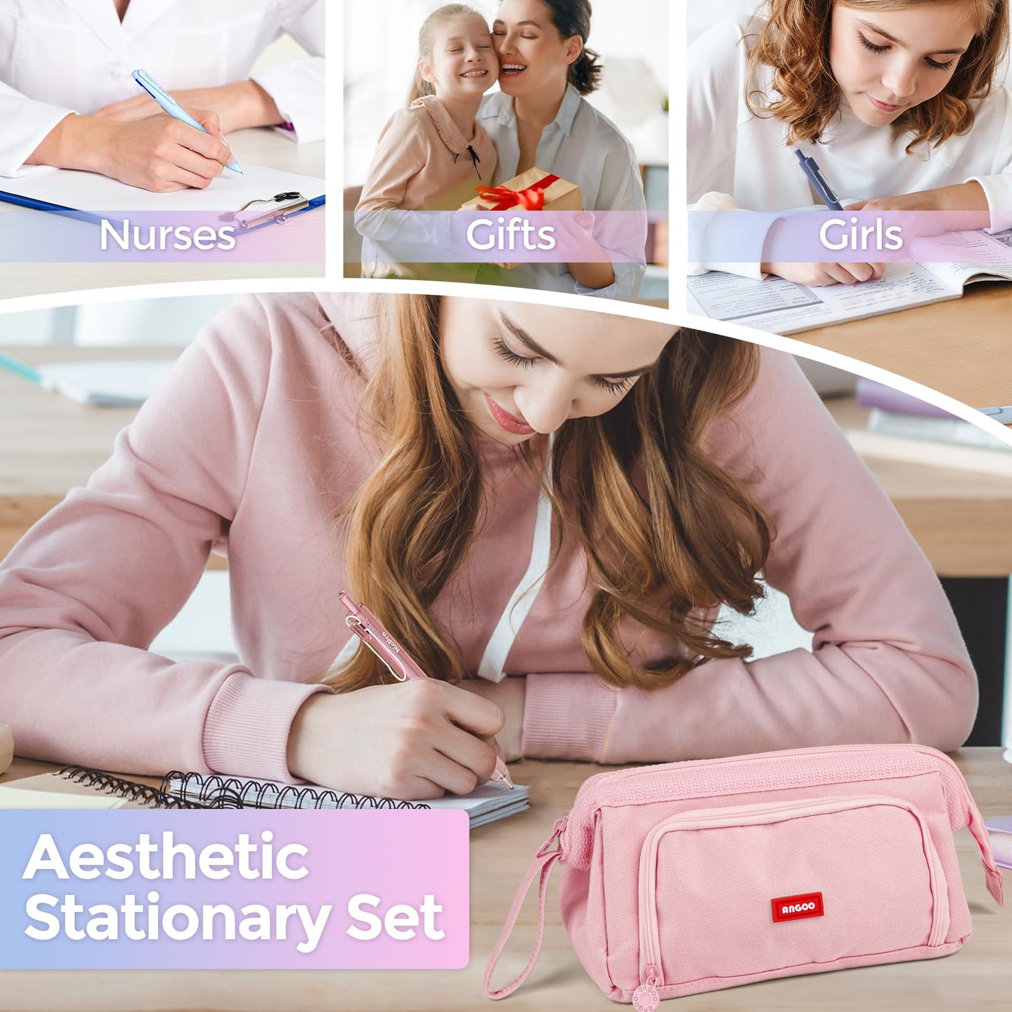 Nicpro 52PCS Aesthetic School Supplies with Cute Pencil Case, 12 Color Pastel Highlighter, 8 Gel Pens, 6 Multicolor Pen, 6 Mechanical Pencils 0.5 & 0.7 mm for Girls Student Stationary Set Preppy Stuff